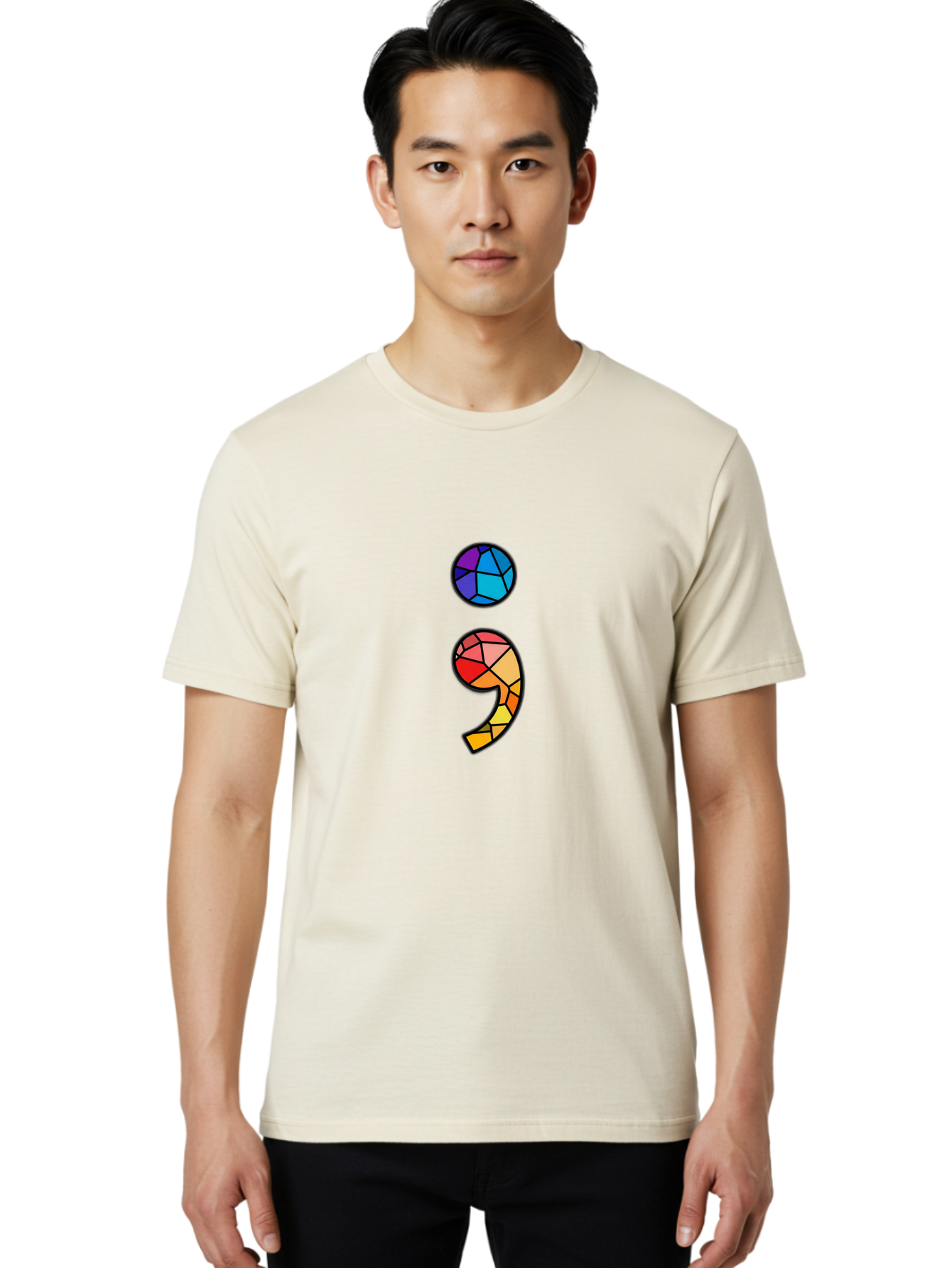 Semicolon-Project-Logo Men'S Graphic Tee, 100% Cotton, Comfortable Casual Summer Wear, Machine Washable, Colorful Mosaic, Stained Glass Effect, Comma Punctuation Mark, Vibrant Colors, Abstract Design, Creative Typography, Mosaic Art Bae096