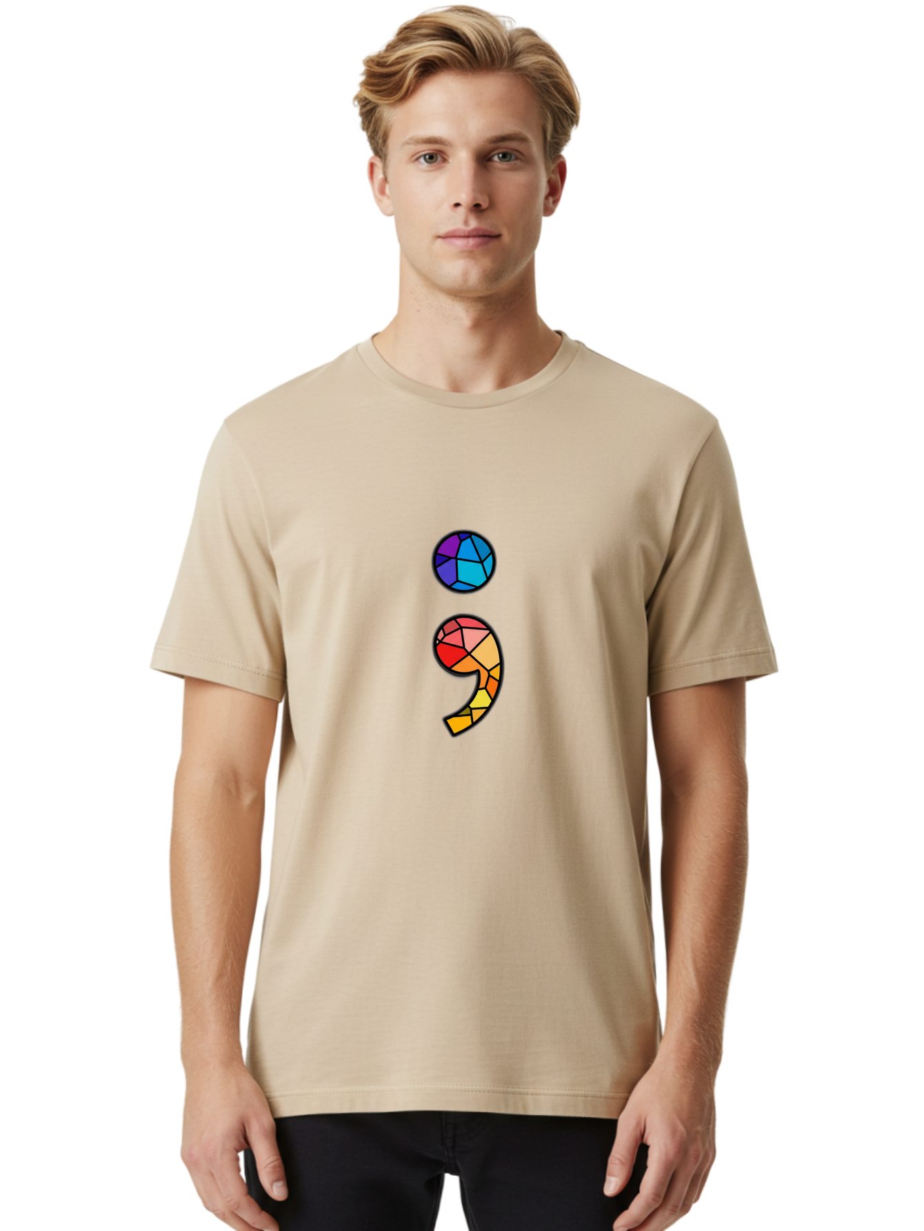 Semicolon-Project-Logo Men'S Graphic Tee, 100% Cotton, Comfortable Casual Summer Wear, Machine Washable, Colorful Mosaic, Stained Glass Effect, Comma Punctuation Mark, Vibrant Colors, Abstract Design, Creative Typography, Mosaic Art Bae096