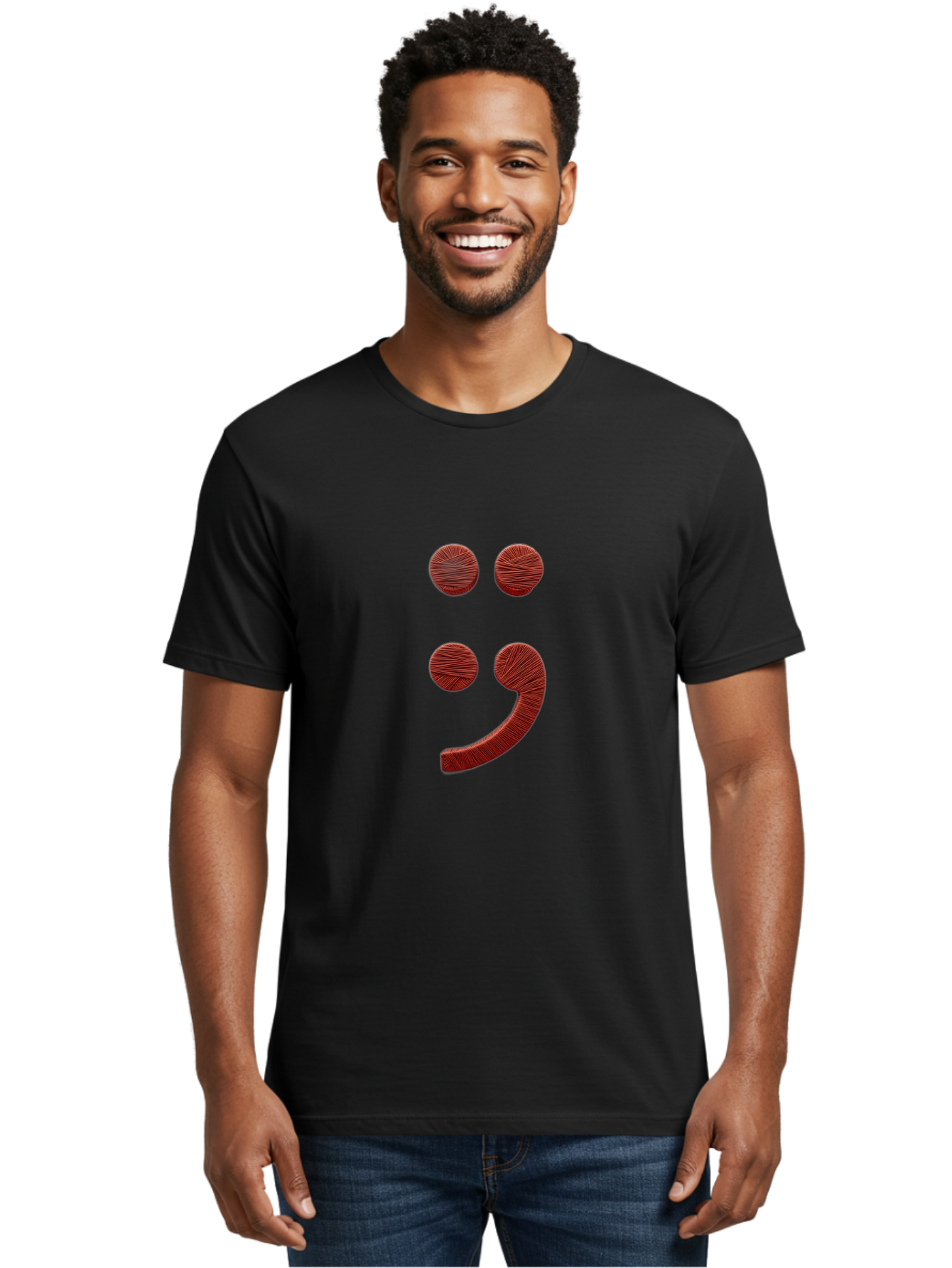 Semicolon-Smiley Men'S Graphic Tee, 100% Cotton, Comfortable Casual Summer Wear, Machine Washable, Semicolon Project Symbol, Mental Health Awareness Emoji, Red Textured Punctuation, Creative Typography, Emotional Expression, Quirky Design, Bae097