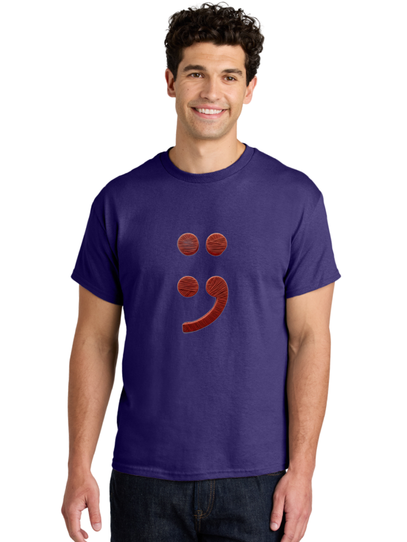 Semicolon-Smiley Men'S Graphic Tee, 100% Cotton, Comfortable Casual Summer Wear, Machine Washable, Semicolon Project Symbol, Mental Health Awareness Emoji, Red Textured Punctuation, Creative Typography, Emotional Expression, Quirky Design, Bae097