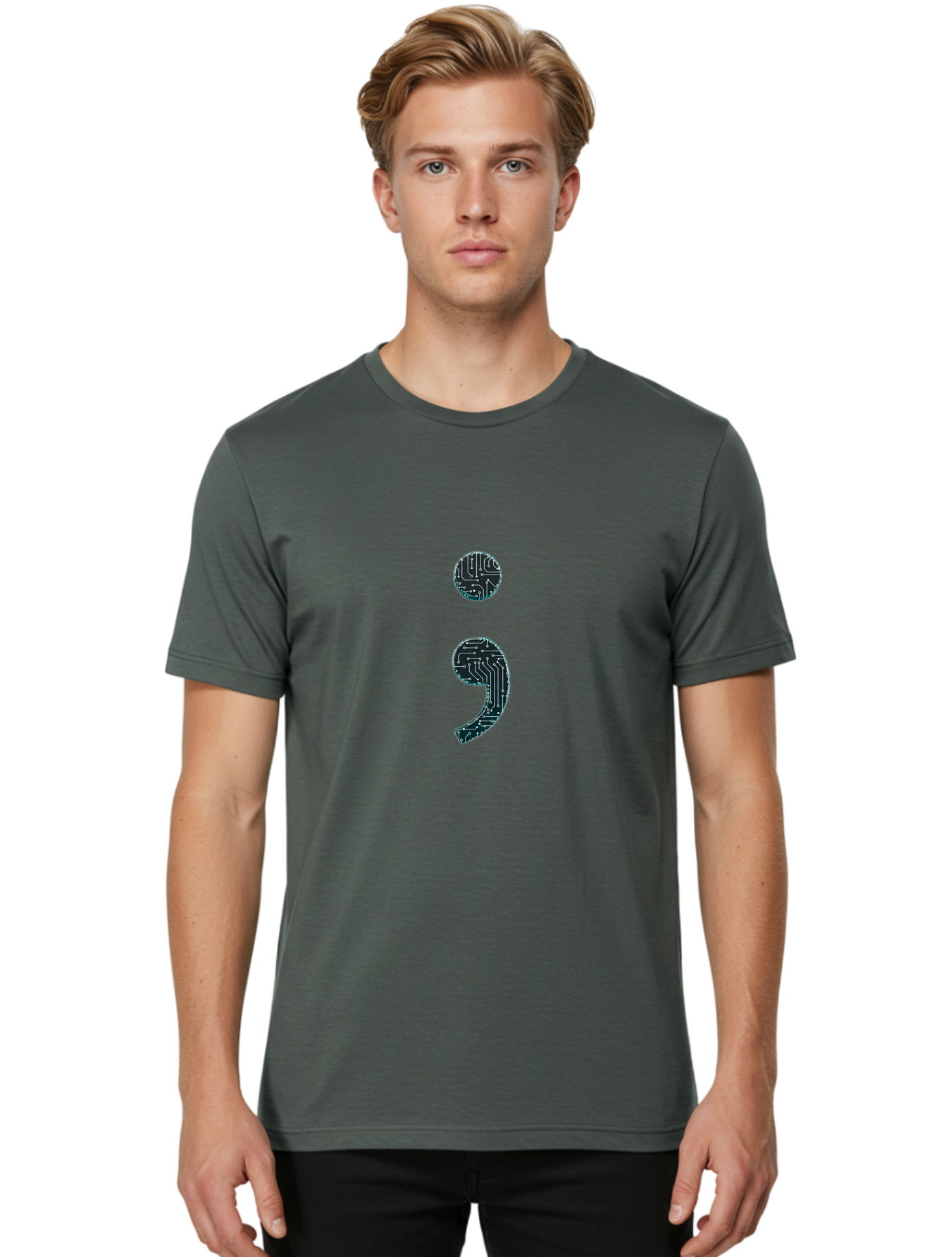Semicolon Men'S Graphic Tee, 100% Cotton, Comfortable Casual Summer Wear, Machine Washable, Semicolon Symbol, Punctuation Mark, Circuit Board Pattern, Abstract Design, Futuristic Style, Tech-Inspired Art, Code-Related Graphics, Bae098
