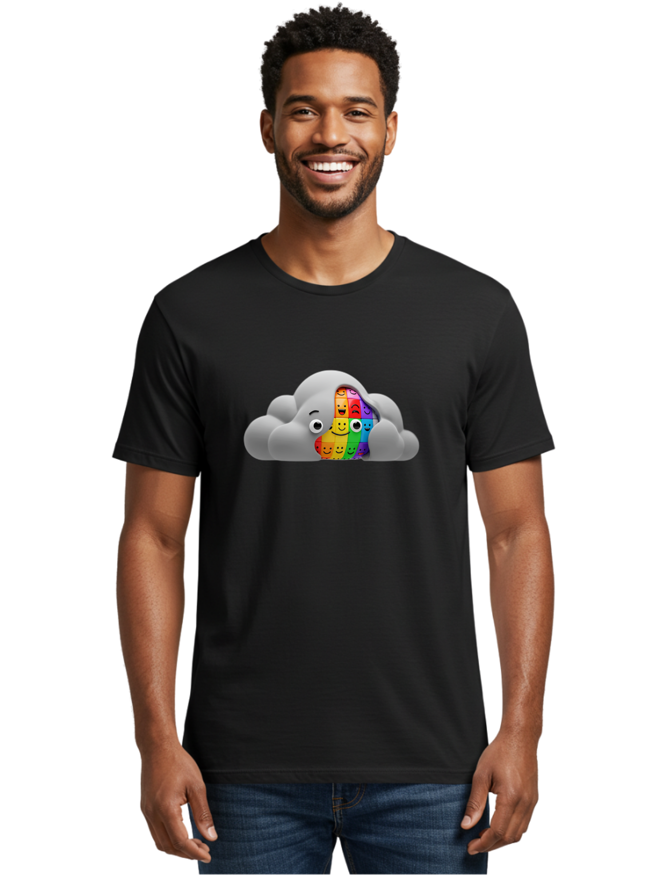 Smiley-Cloud Men'S Graphic Tee, 100% Cotton, Comfortable Casual Summer Wear, Machine Washable, Cartoon Cloud, Emoticon Grid, Diverse Emotions, Emotional Expression, Facial Expressions, Colorful, Emoticons, Rainbow Colors, Mental Health, Bae099