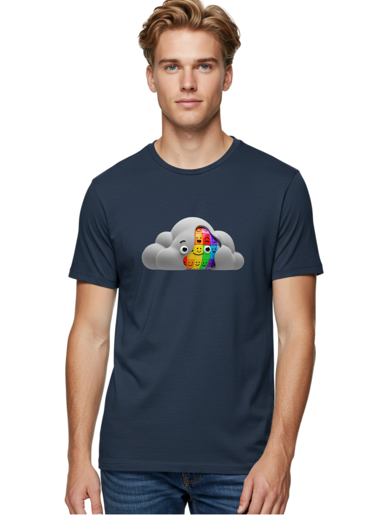 Smiley-Cloud Men'S Graphic Tee, 100% Cotton, Comfortable Casual Summer Wear, Machine Washable, Cartoon Cloud, Emoticon Grid, Diverse Emotions, Emotional Expression, Facial Expressions, Colorful, Emoticons, Rainbow Colors, Mental Health, Bae099