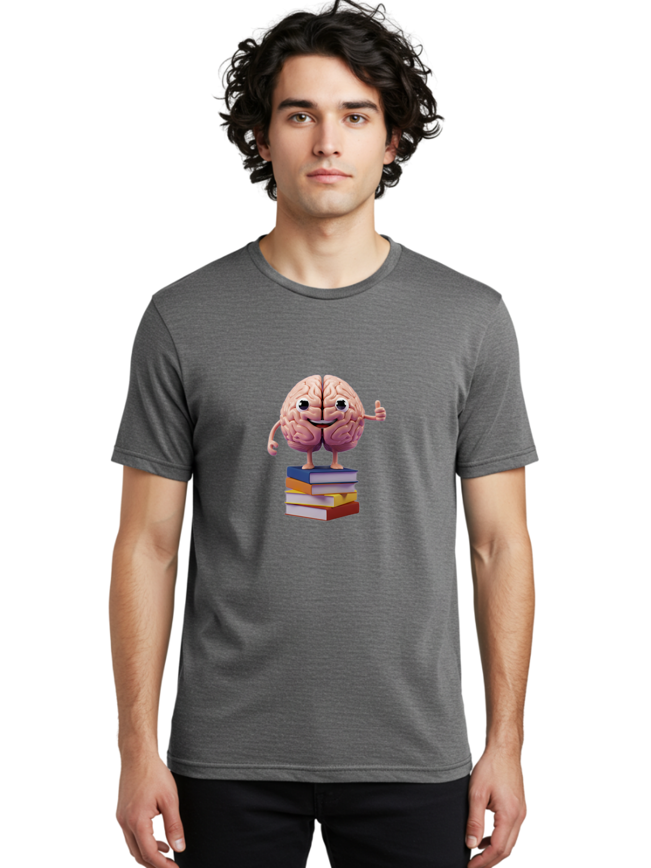 Smiling-Brain-1 Men'S Graphic Tee, 100% Cotton, Comfortable Casual Summer Wear, Machine Washable, Cartoon Brain, Human Brain, Smiling Face, Thumbs Up, Books, Learning, Education, Knowledge, Intelligence, Cognitive Function Bae100