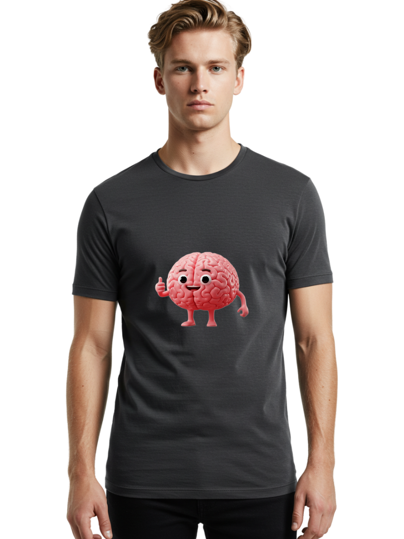 Smiling-Brain Men'S Graphic Tee, 100% Cotton, Comfortable Casual Summer Wear, Machine Washable, Cartoon Brain Character, Human Brain, Funny Illustration, Brain With Face, Thumbs Up Gesture, Smiling Brain, Cognitive Humor, Human Anatomy, Bae101