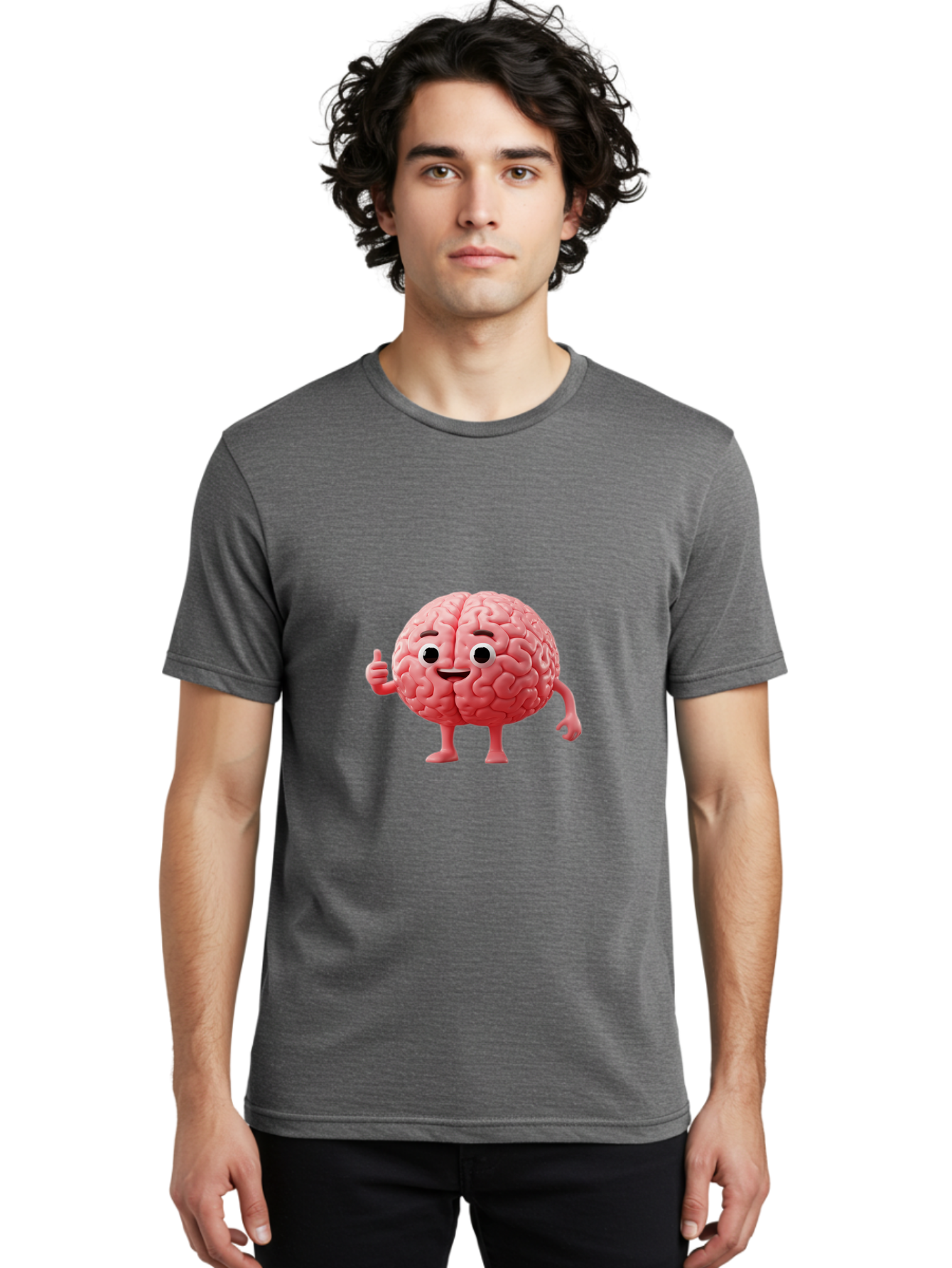 Smiling-Brain Men'S Graphic Tee, 100% Cotton, Comfortable Casual Summer Wear, Machine Washable, Cartoon Brain Character, Human Brain, Funny Illustration, Brain With Face, Thumbs Up Gesture, Smiling Brain, Cognitive Humor, Human Anatomy, Bae101