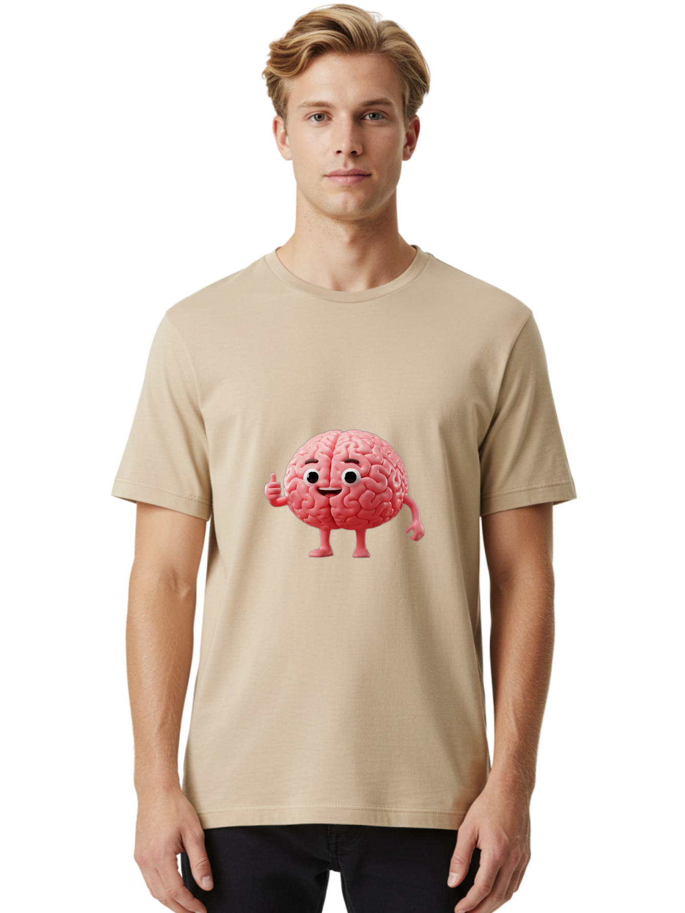 Smiling-Brain Men'S Graphic Tee, 100% Cotton, Comfortable Casual Summer Wear, Machine Washable, Cartoon Brain Character, Human Brain, Funny Illustration, Brain With Face, Thumbs Up Gesture, Smiling Brain, Cognitive Humor, Human Anatomy, Bae101