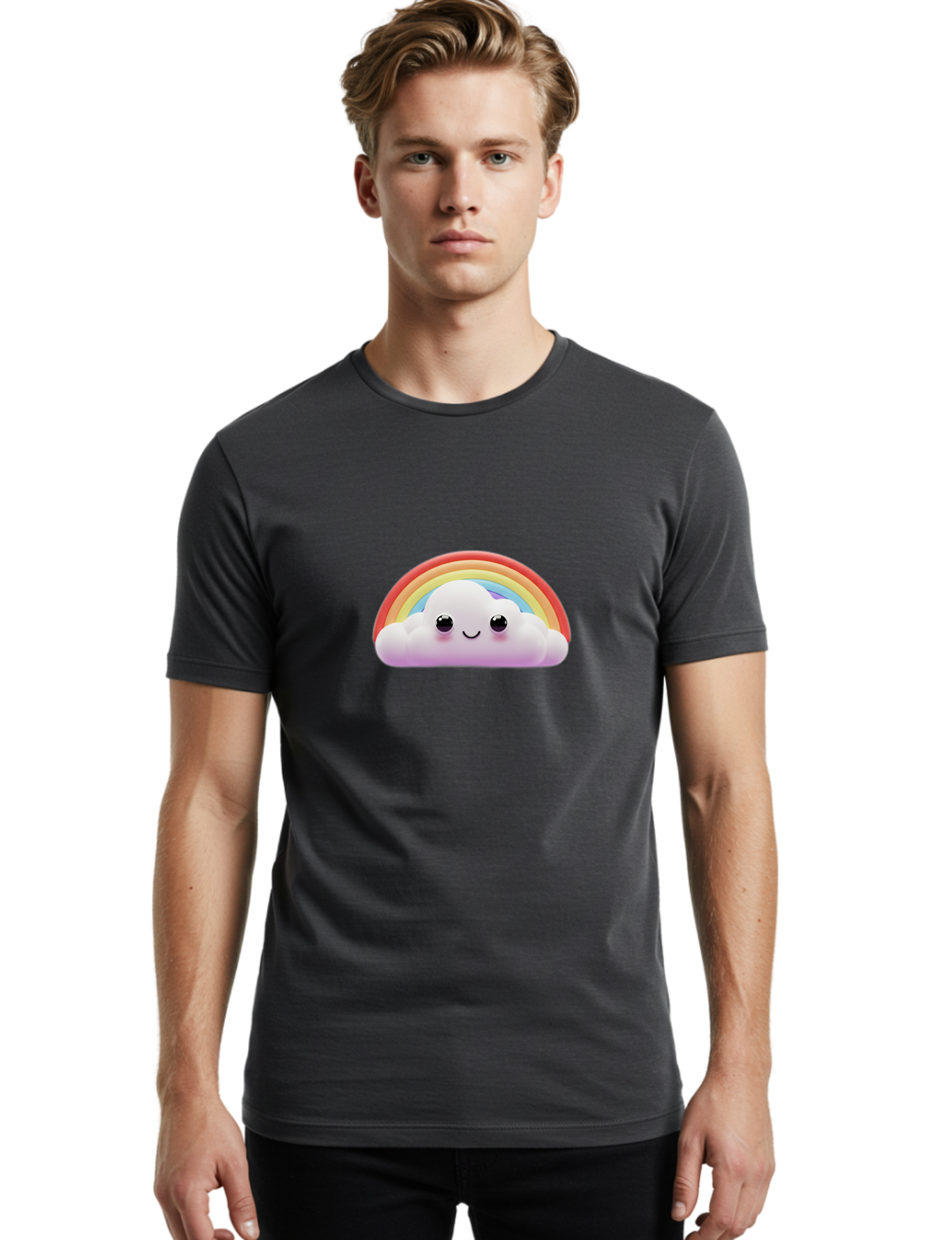 Smiling-Cloud-Rainbow Men'S Graphic Tee, 100% Cotton, Comfortable Casual Summer Wear, Machine Washable, Happy Cloud, Rainbow Colors, Vibrant Illustration, Cute Character, Cartoon Style, Smiling Face, Colorful Graphics, Joyful Atmosphere, Bae102