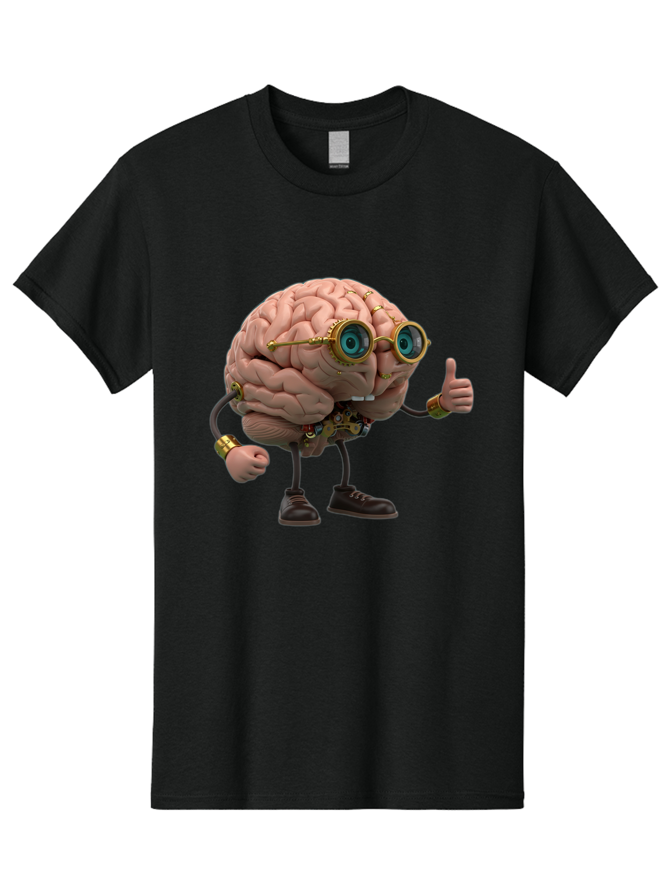 Steampunk-Brain-Character Men'S Graphic Tee, 100% Cotton, Comfortable Casual Summer Wear, Machine Washable, Human Brain With Legs, Brain Character, Steampunk Style, Goggles On Brain, Thumbs Up, Creative Concept, Intelligent Design, Bae104