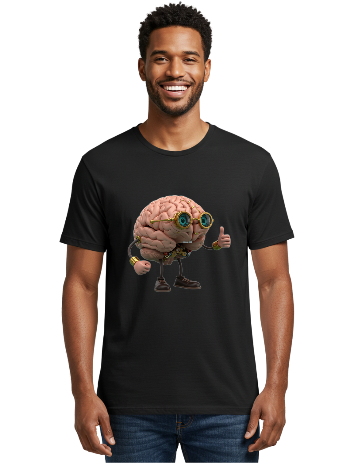 Steampunk-Brain-Character Men'S Graphic Tee, 100% Cotton, Comfortable Casual Summer Wear, Machine Washable, Human Brain With Legs, Brain Character, Steampunk Style, Goggles On Brain, Thumbs Up, Creative Concept, Intelligent Design, Bae104