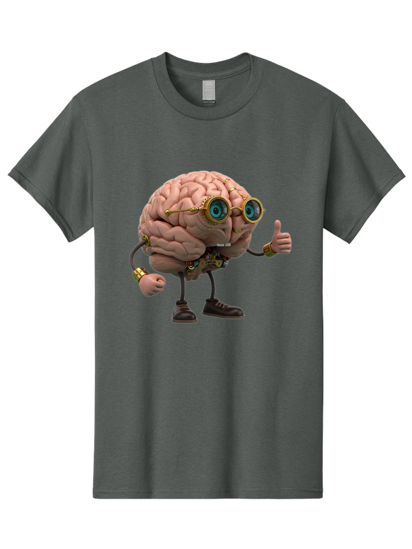 Steampunk-Brain-Character Men'S Graphic Tee, 100% Cotton, Comfortable Casual Summer Wear, Machine Washable, Human Brain With Legs, Brain Character, Steampunk Style, Goggles On Brain, Thumbs Up, Creative Concept, Intelligent Design, Bae104