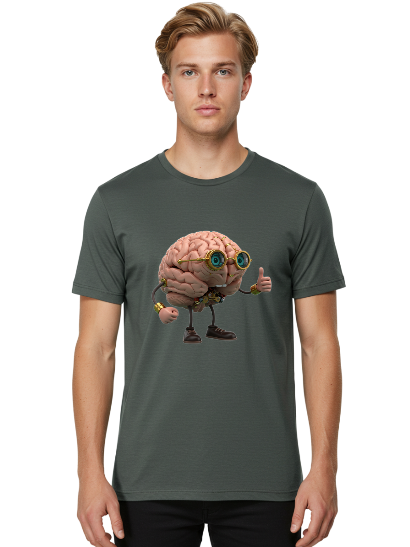 Steampunk-Brain-Character Men'S Graphic Tee, 100% Cotton, Comfortable Casual Summer Wear, Machine Washable, Human Brain With Legs, Brain Character, Steampunk Style, Goggles On Brain, Thumbs Up, Creative Concept, Intelligent Design, Bae104