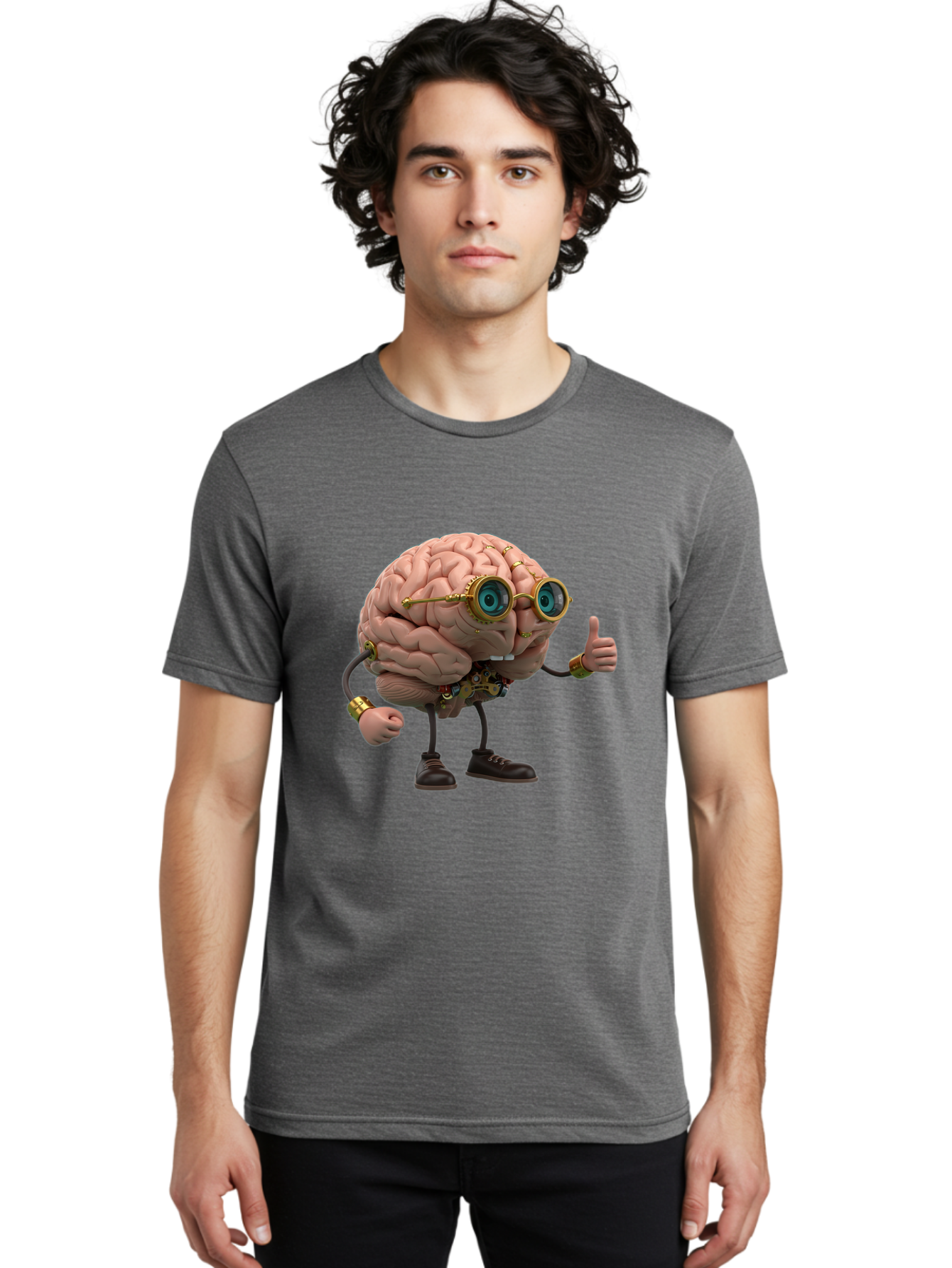 Steampunk-Brain-Character Men'S Graphic Tee, 100% Cotton, Comfortable Casual Summer Wear, Machine Washable, Human Brain With Legs, Brain Character, Steampunk Style, Goggles On Brain, Thumbs Up, Creative Concept, Intelligent Design, Bae104