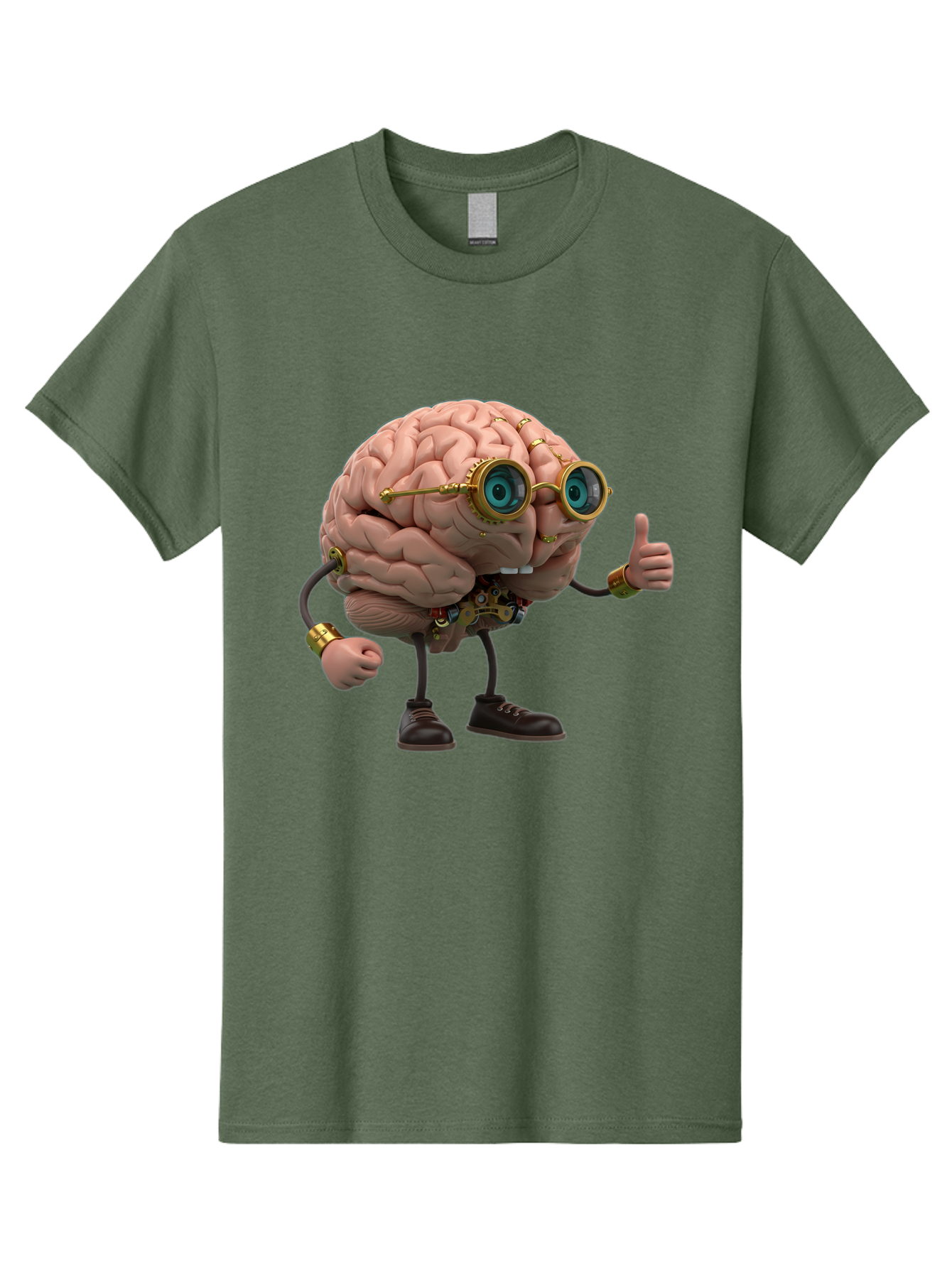 Steampunk-Brain-Character Men'S Graphic Tee, 100% Cotton, Comfortable Casual Summer Wear, Machine Washable, Human Brain With Legs, Brain Character, Steampunk Style, Goggles On Brain, Thumbs Up, Creative Concept, Intelligent Design, Bae104