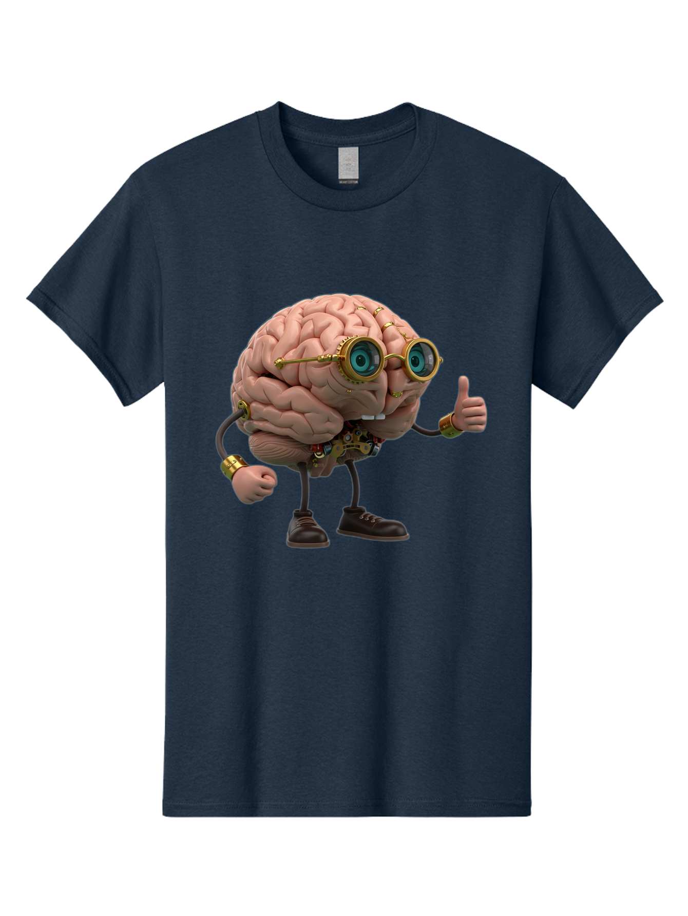 Steampunk-Brain-Character Men'S Graphic Tee, 100% Cotton, Comfortable Casual Summer Wear, Machine Washable, Human Brain With Legs, Brain Character, Steampunk Style, Goggles On Brain, Thumbs Up, Creative Concept, Intelligent Design, Bae104