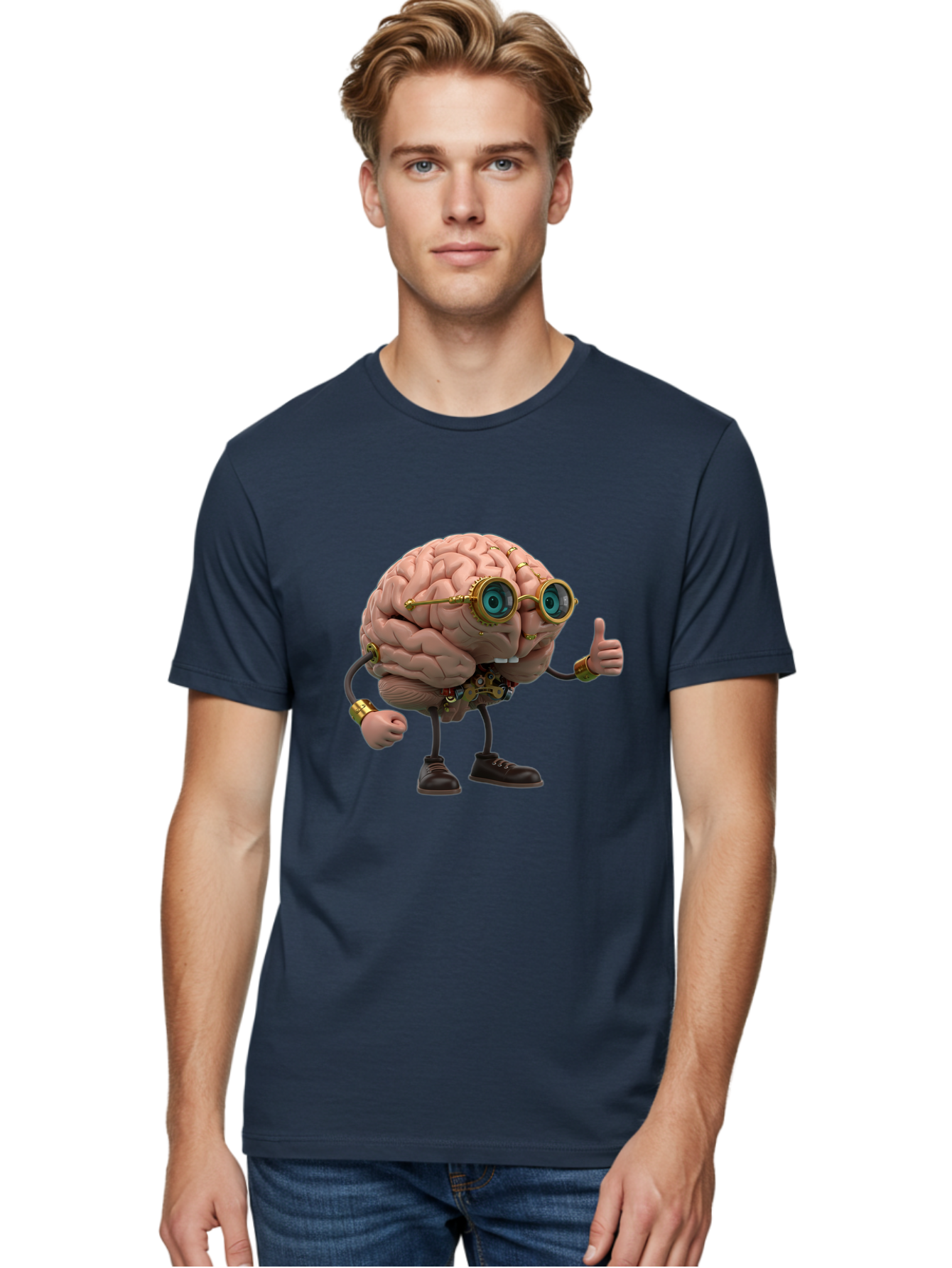Steampunk-Brain-Character Men'S Graphic Tee, 100% Cotton, Comfortable Casual Summer Wear, Machine Washable, Human Brain With Legs, Brain Character, Steampunk Style, Goggles On Brain, Thumbs Up, Creative Concept, Intelligent Design, Bae104
