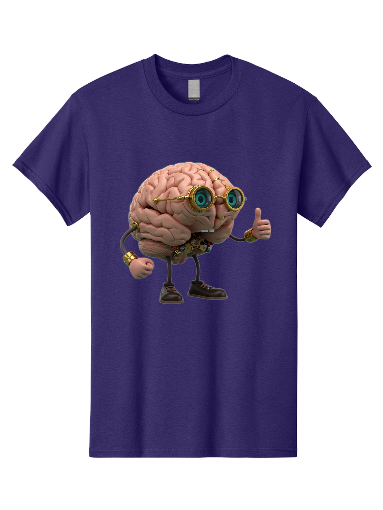 Steampunk-Brain-Character Men'S Graphic Tee, 100% Cotton, Comfortable Casual Summer Wear, Machine Washable, Human Brain With Legs, Brain Character, Steampunk Style, Goggles On Brain, Thumbs Up, Creative Concept, Intelligent Design, Bae104