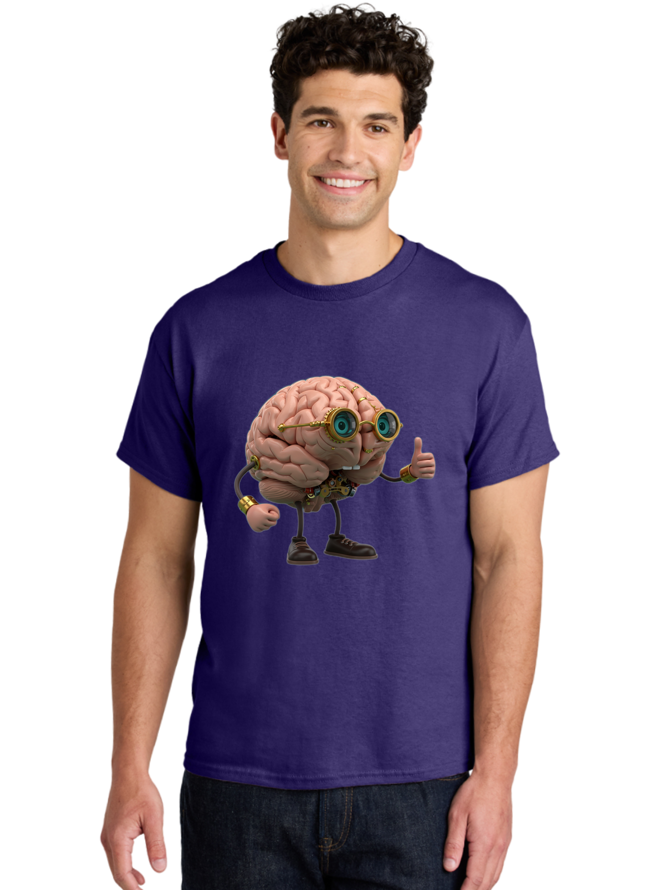 Steampunk-Brain-Character Men'S Graphic Tee, 100% Cotton, Comfortable Casual Summer Wear, Machine Washable, Human Brain With Legs, Brain Character, Steampunk Style, Goggles On Brain, Thumbs Up, Creative Concept, Intelligent Design, Bae104