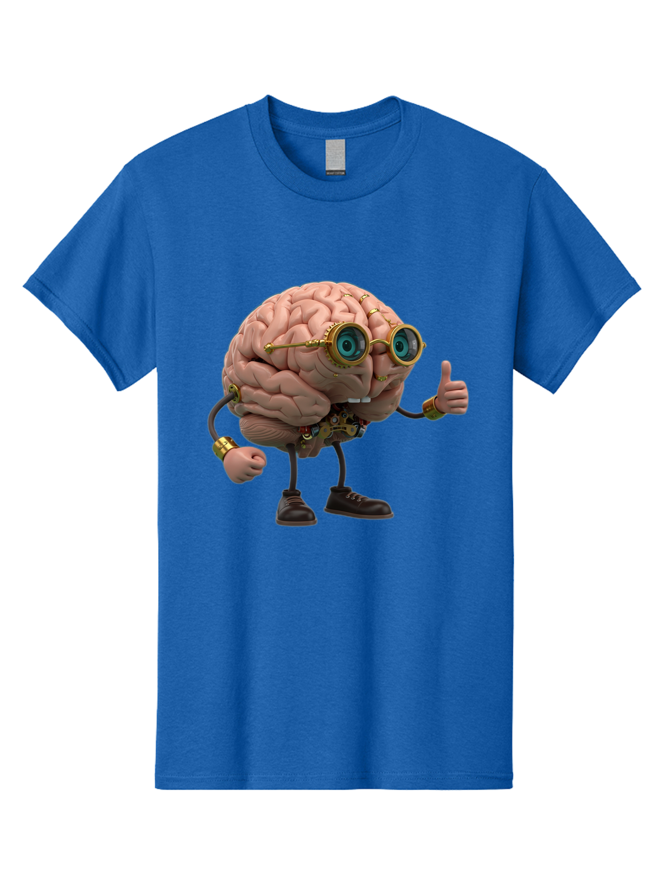 Steampunk-Brain-Character Men'S Graphic Tee, 100% Cotton, Comfortable Casual Summer Wear, Machine Washable, Human Brain With Legs, Brain Character, Steampunk Style, Goggles On Brain, Thumbs Up, Creative Concept, Intelligent Design, Bae104