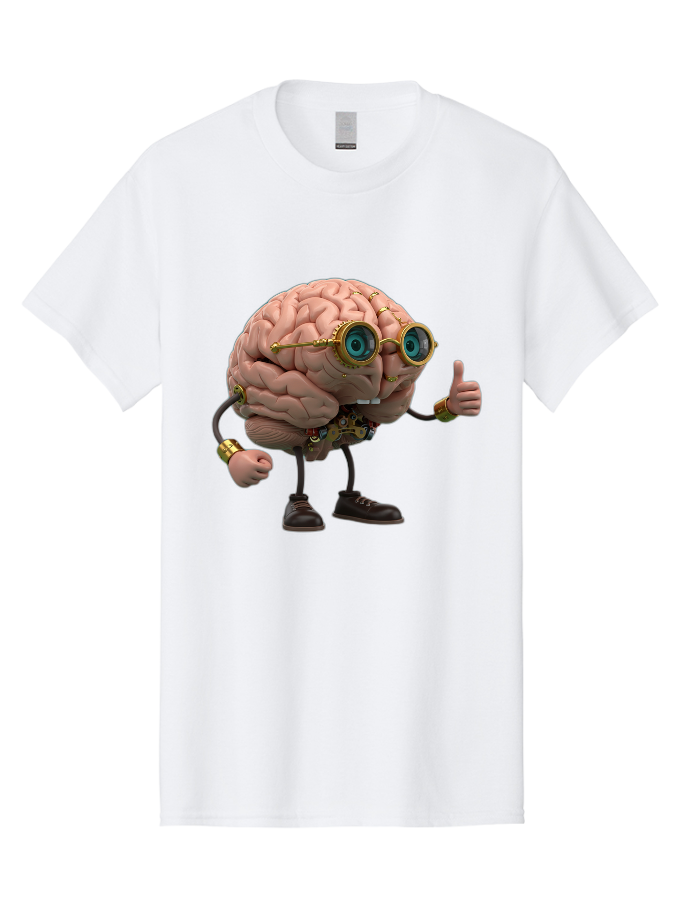 Steampunk-Brain-Character Men'S Graphic Tee, 100% Cotton, Comfortable Casual Summer Wear, Machine Washable, Human Brain With Legs, Brain Character, Steampunk Style, Goggles On Brain, Thumbs Up, Creative Concept, Intelligent Design, Bae104