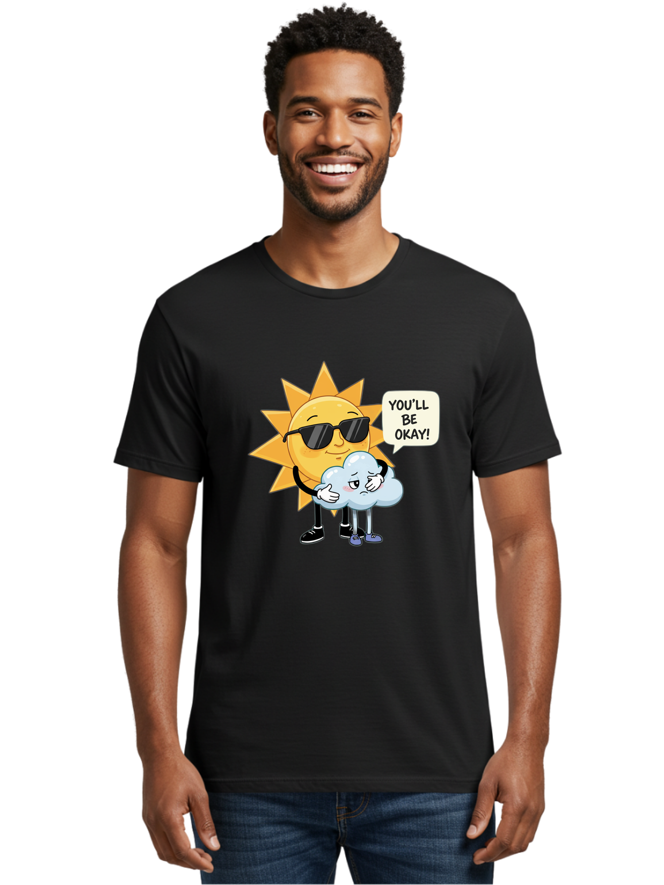 Sun-Comforting-Cloud Men'S Graphic Tee, 100% Cotton, Comfortable Casual Summer Wear, Machine Washable, Sun Wearing Sunglasses, Comforting A Sad Cloud, You'Ll Be Okay!, Emotional Support, Cartoon Characters, Positive Vibes, Bae105