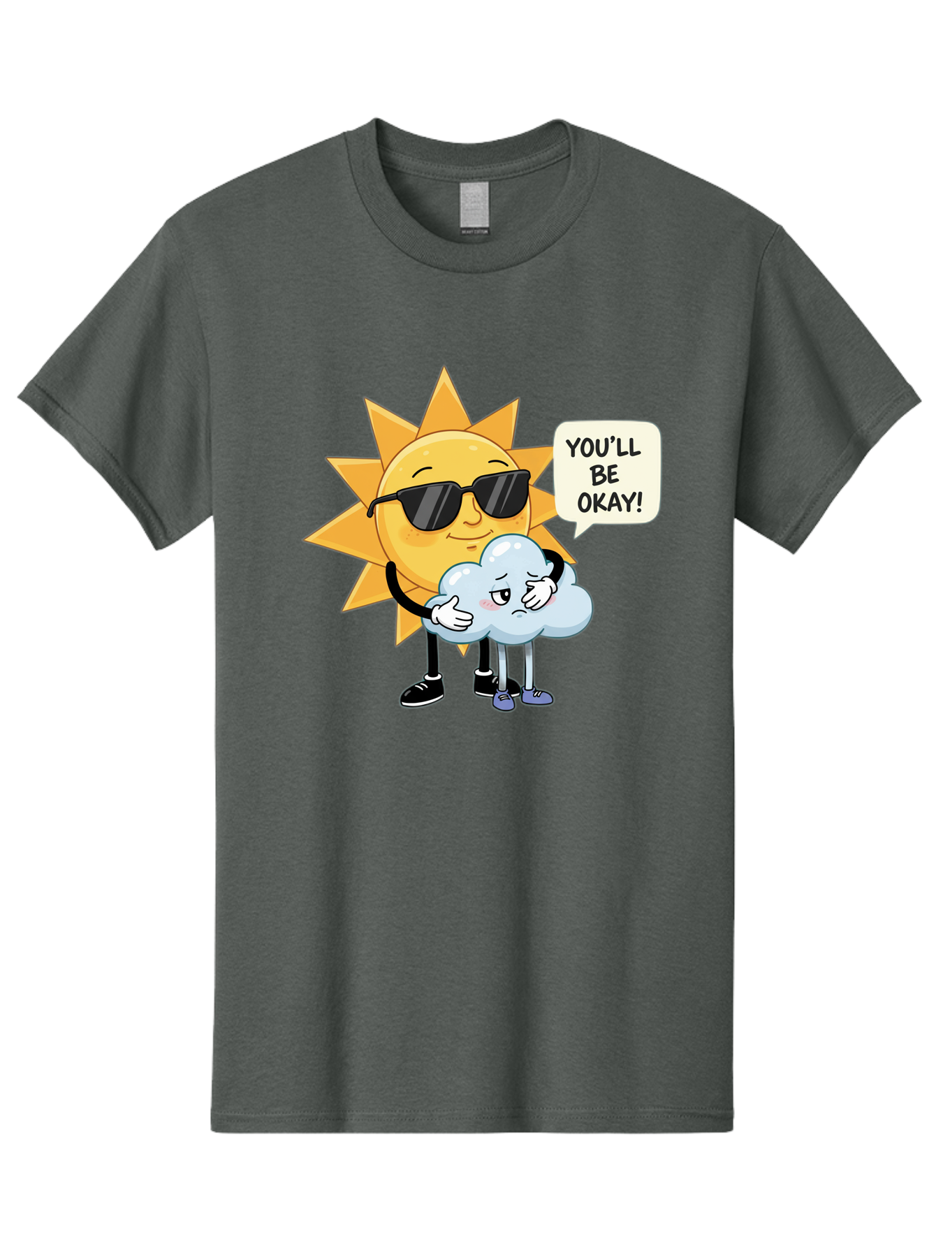 Sun-Comforting-Cloud Men'S Graphic Tee, 100% Cotton, Comfortable Casual Summer Wear, Machine Washable, Sun Wearing Sunglasses, Comforting A Sad Cloud, You'Ll Be Okay!, Emotional Support, Cartoon Characters, Positive Vibes, Bae105