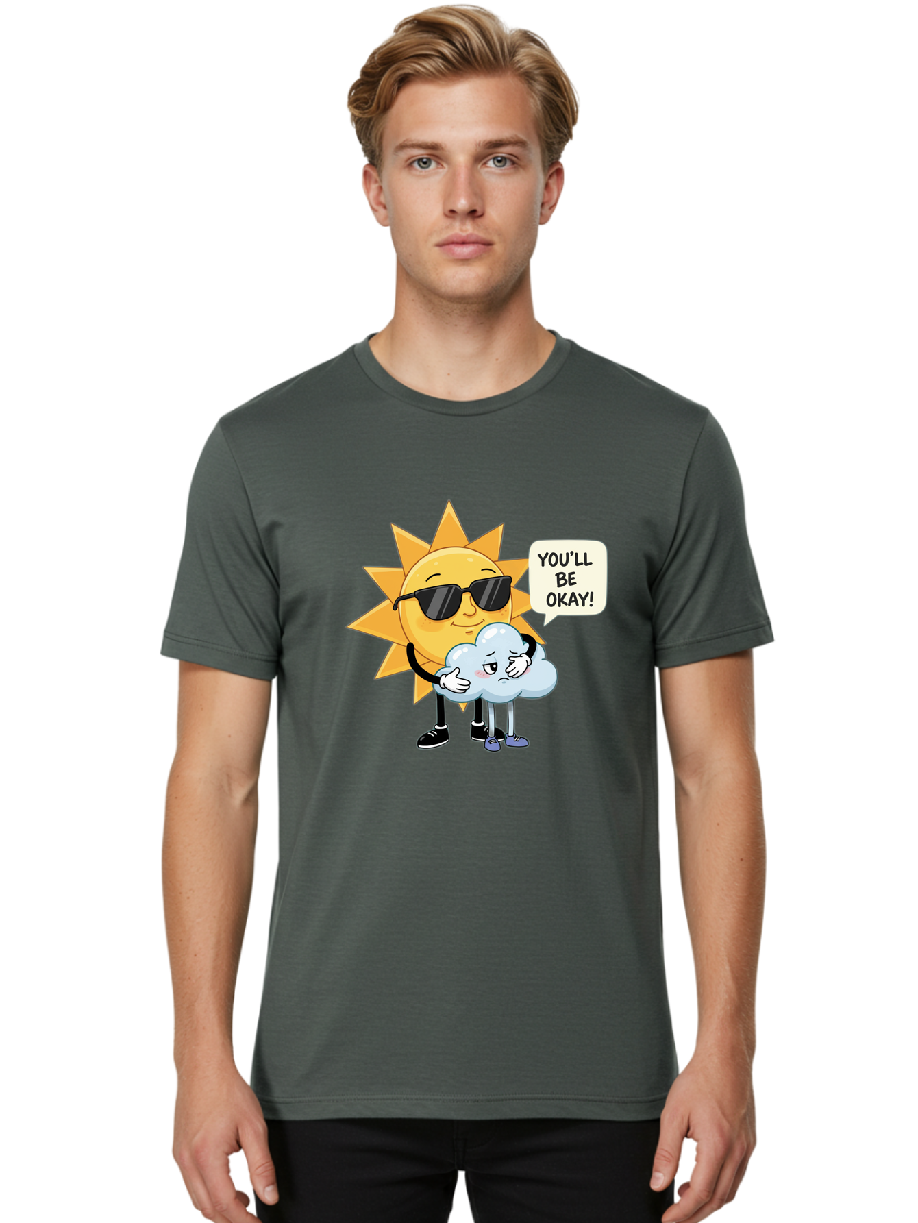 Sun-Comforting-Cloud Men'S Graphic Tee, 100% Cotton, Comfortable Casual Summer Wear, Machine Washable, Sun Wearing Sunglasses, Comforting A Sad Cloud, You'Ll Be Okay!, Emotional Support, Cartoon Characters, Positive Vibes, Bae105