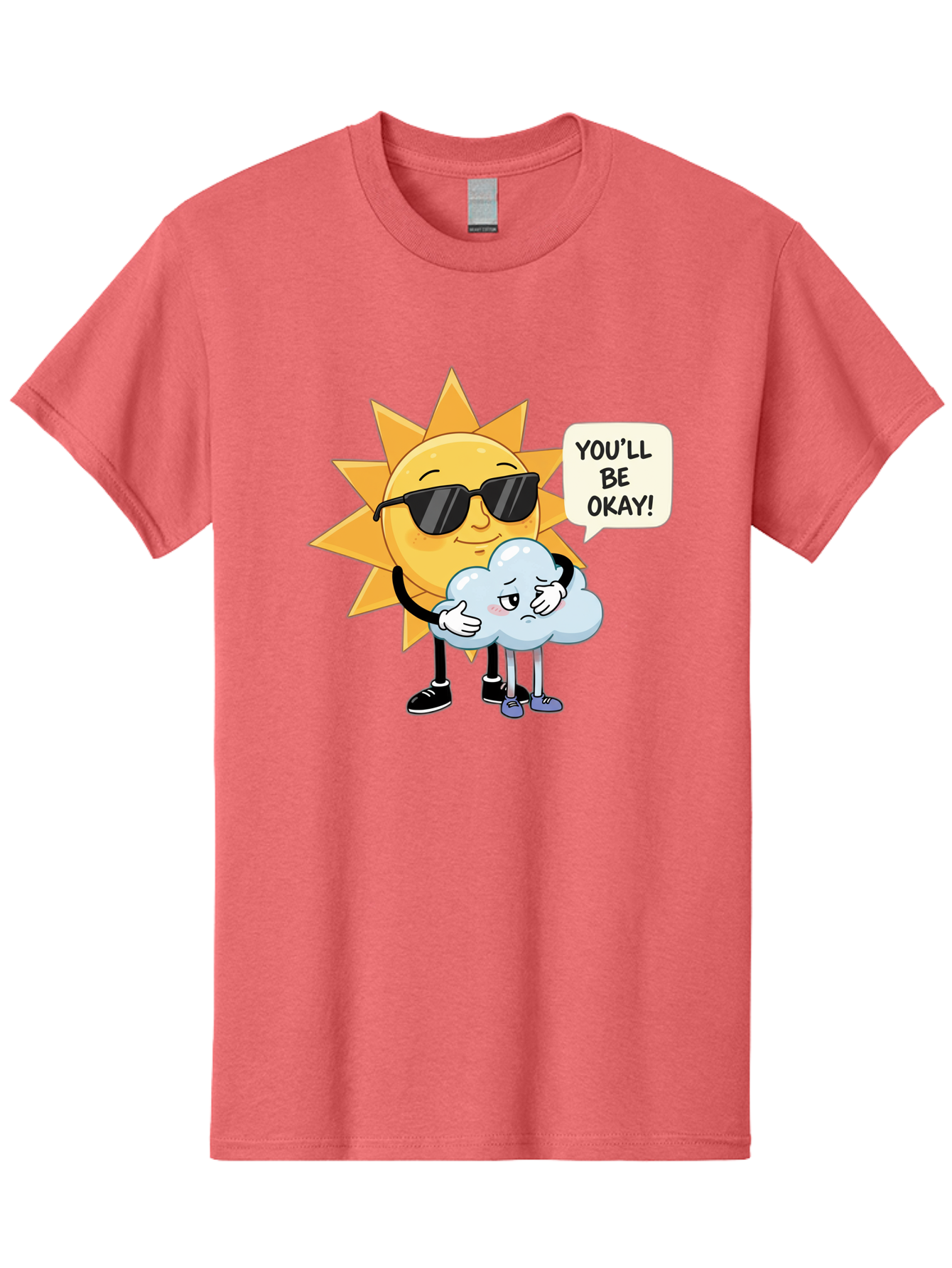 Sun-Comforting-Cloud Men'S Graphic Tee, 100% Cotton, Comfortable Casual Summer Wear, Machine Washable, Sun Wearing Sunglasses, Comforting A Sad Cloud, You'Ll Be Okay!, Emotional Support, Cartoon Characters, Positive Vibes, Bae105