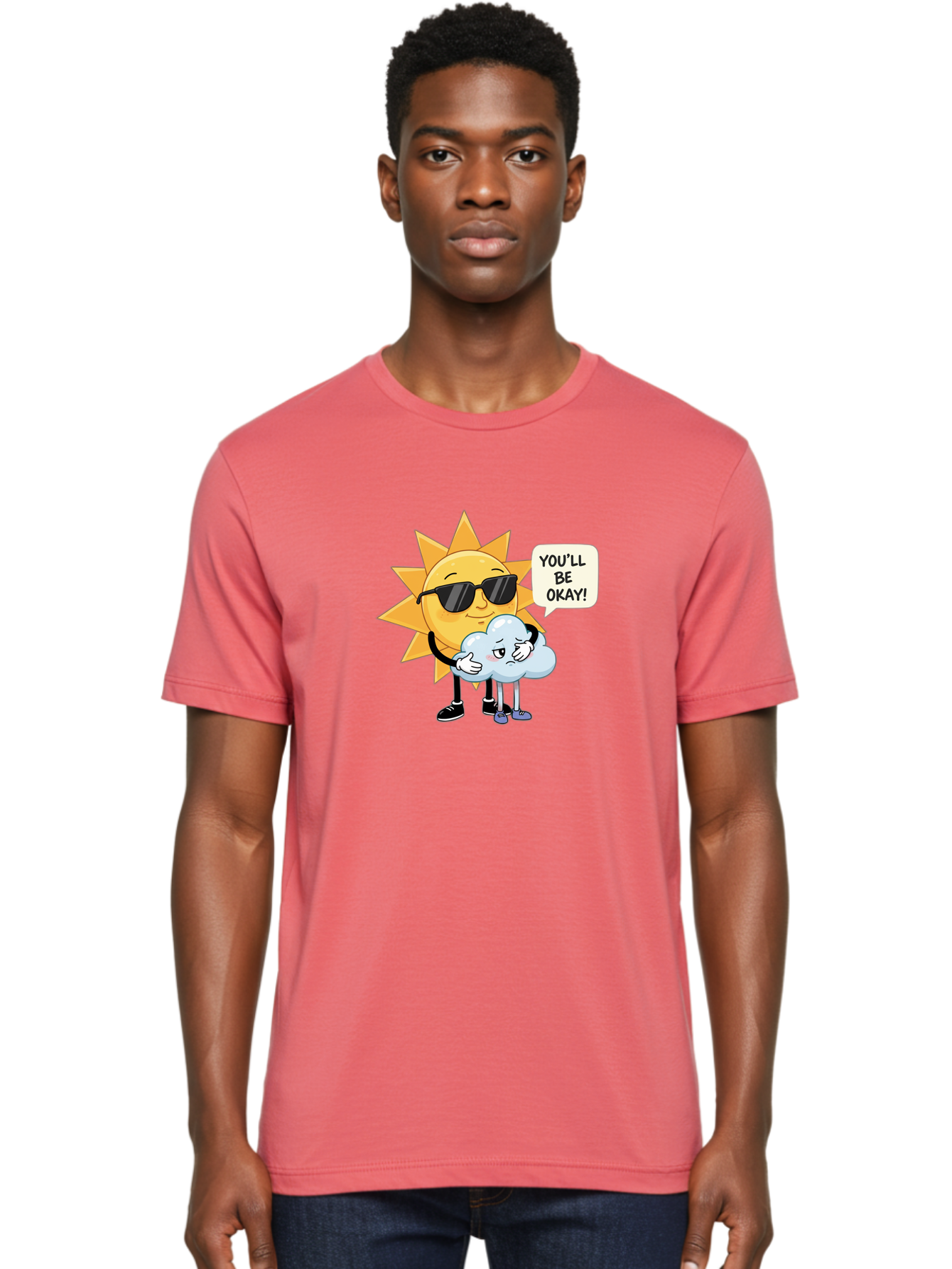 Sun-Comforting-Cloud Men'S Graphic Tee, 100% Cotton, Comfortable Casual Summer Wear, Machine Washable, Sun Wearing Sunglasses, Comforting A Sad Cloud, You'Ll Be Okay!, Emotional Support, Cartoon Characters, Positive Vibes, Bae105