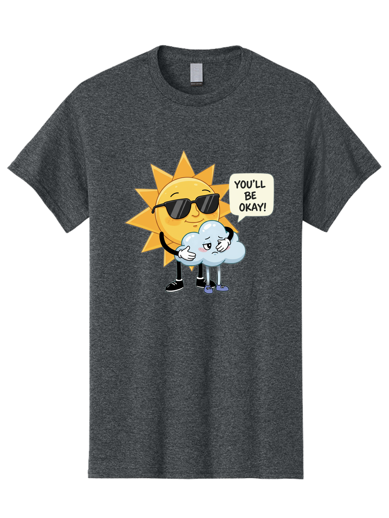 Sun-Comforting-Cloud Men'S Graphic Tee, 100% Cotton, Comfortable Casual Summer Wear, Machine Washable, Sun Wearing Sunglasses, Comforting A Sad Cloud, You'Ll Be Okay!, Emotional Support, Cartoon Characters, Positive Vibes, Bae105