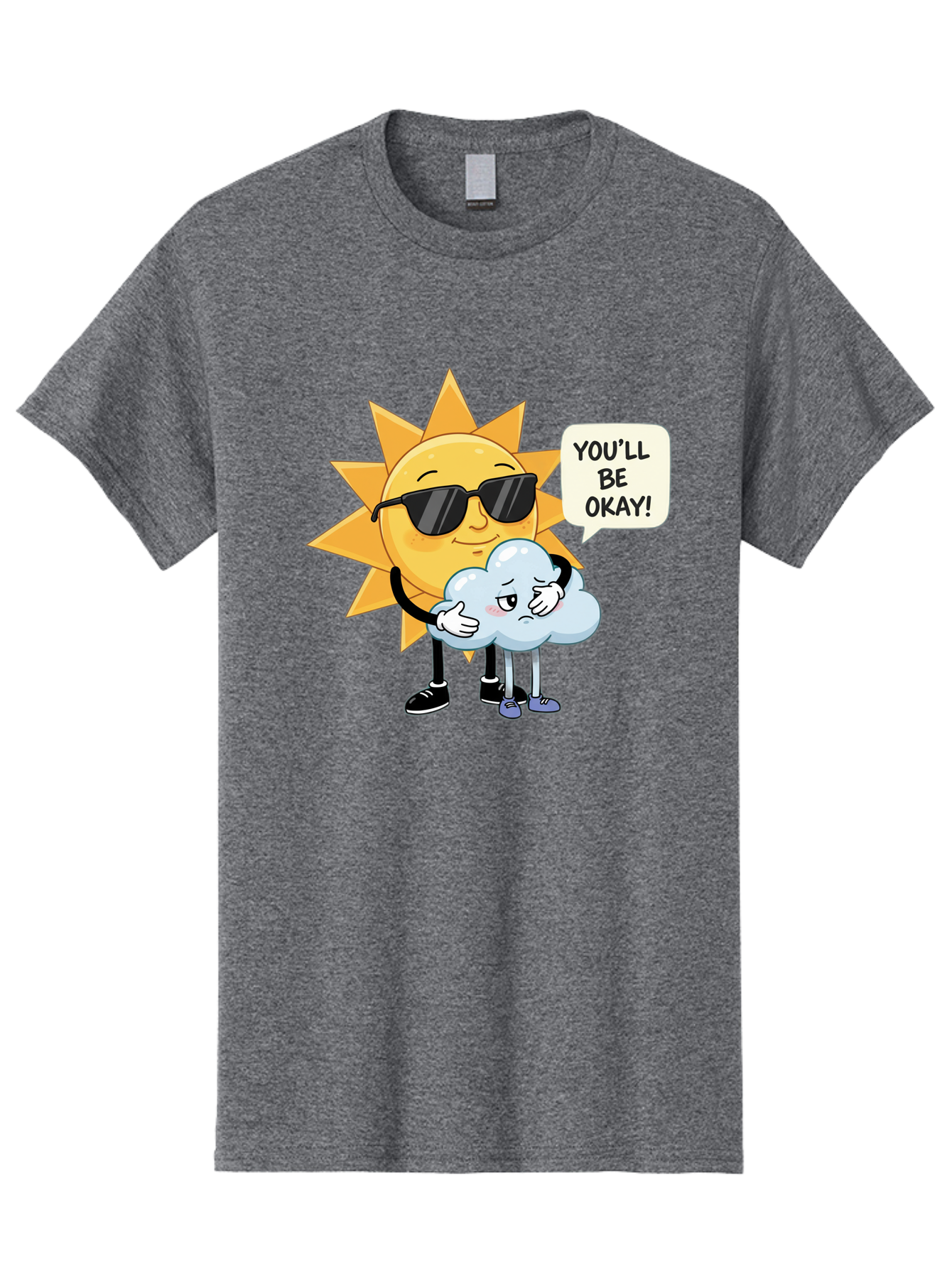 Sun-Comforting-Cloud Men'S Graphic Tee, 100% Cotton, Comfortable Casual Summer Wear, Machine Washable, Sun Wearing Sunglasses, Comforting A Sad Cloud, You'Ll Be Okay!, Emotional Support, Cartoon Characters, Positive Vibes, Bae105