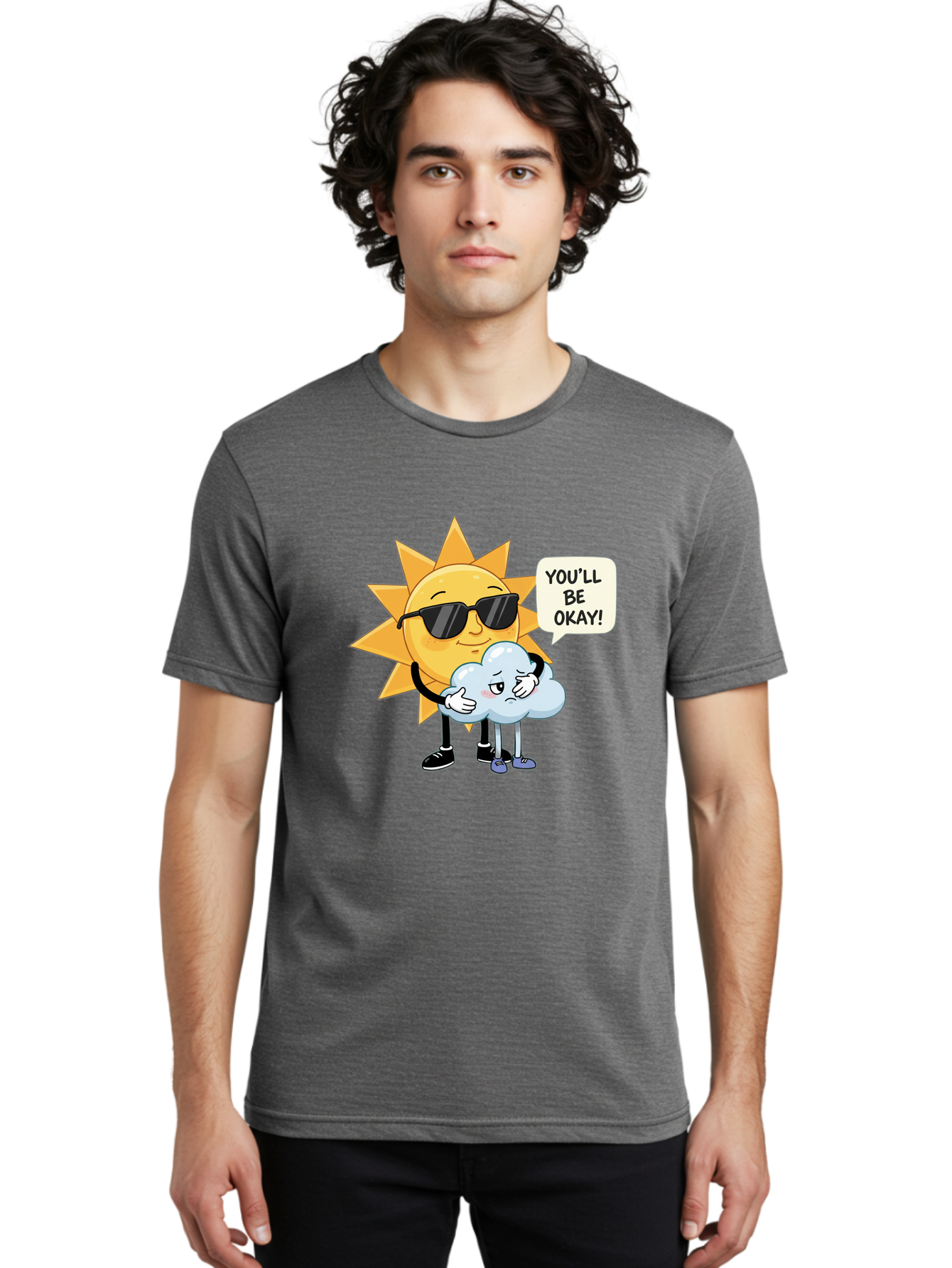 Sun-Comforting-Cloud Men'S Graphic Tee, 100% Cotton, Comfortable Casual Summer Wear, Machine Washable, Sun Wearing Sunglasses, Comforting A Sad Cloud, You'Ll Be Okay!, Emotional Support, Cartoon Characters, Positive Vibes, Bae105