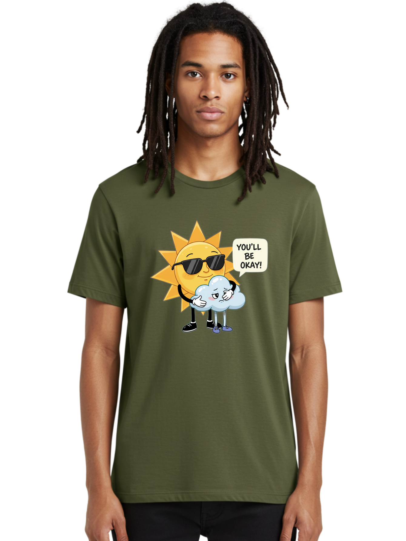 Sun-Comforting-Cloud Men'S Graphic Tee, 100% Cotton, Comfortable Casual Summer Wear, Machine Washable, Sun Wearing Sunglasses, Comforting A Sad Cloud, You'Ll Be Okay!, Emotional Support, Cartoon Characters, Positive Vibes, Bae105