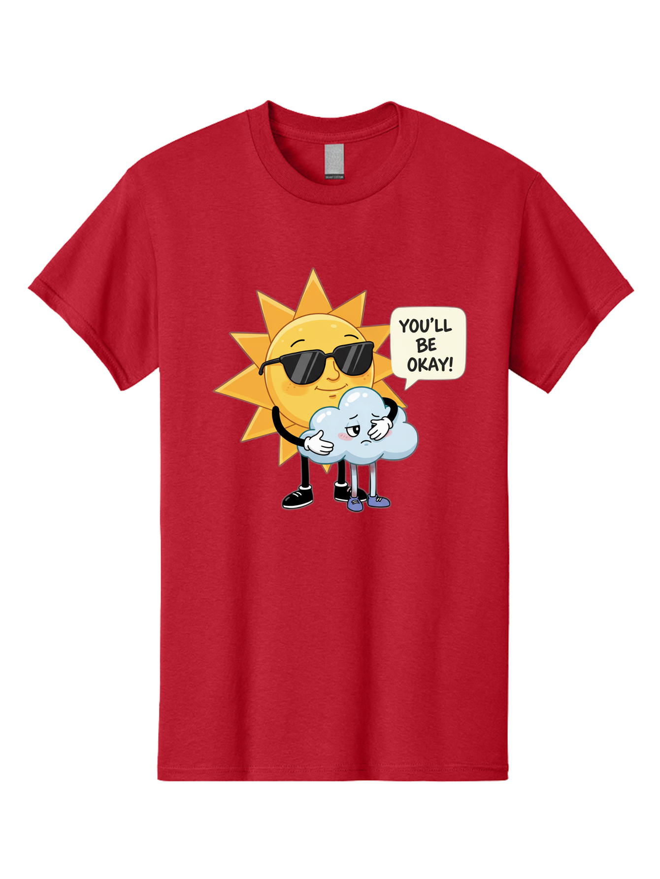 Sun-Comforting-Cloud Men'S Graphic Tee, 100% Cotton, Comfortable Casual Summer Wear, Machine Washable, Sun Wearing Sunglasses, Comforting A Sad Cloud, You'Ll Be Okay!, Emotional Support, Cartoon Characters, Positive Vibes, Bae105
