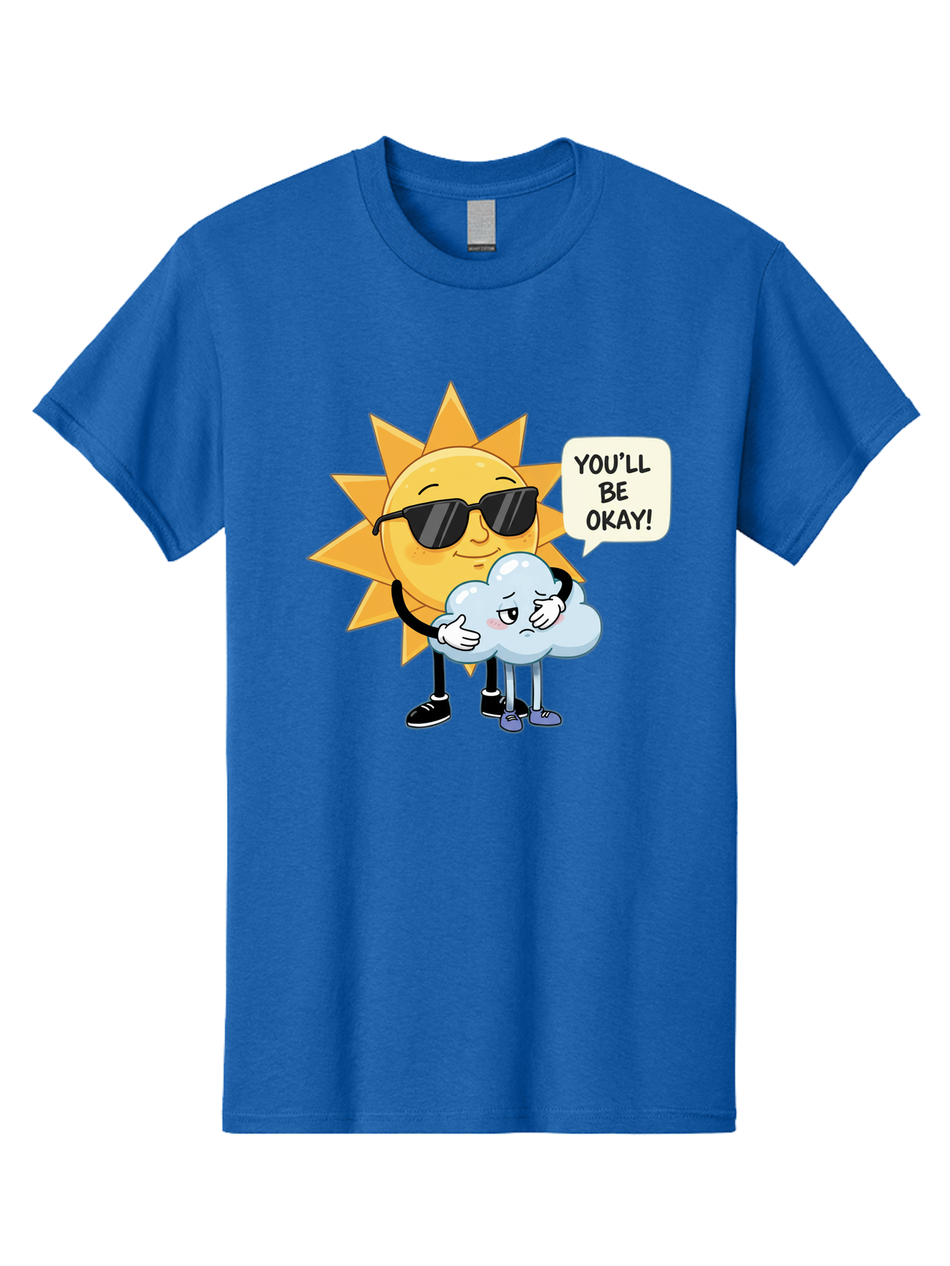 Sun-Comforting-Cloud Men'S Graphic Tee, 100% Cotton, Comfortable Casual Summer Wear, Machine Washable, Sun Wearing Sunglasses, Comforting A Sad Cloud, You'Ll Be Okay!, Emotional Support, Cartoon Characters, Positive Vibes, Bae105
