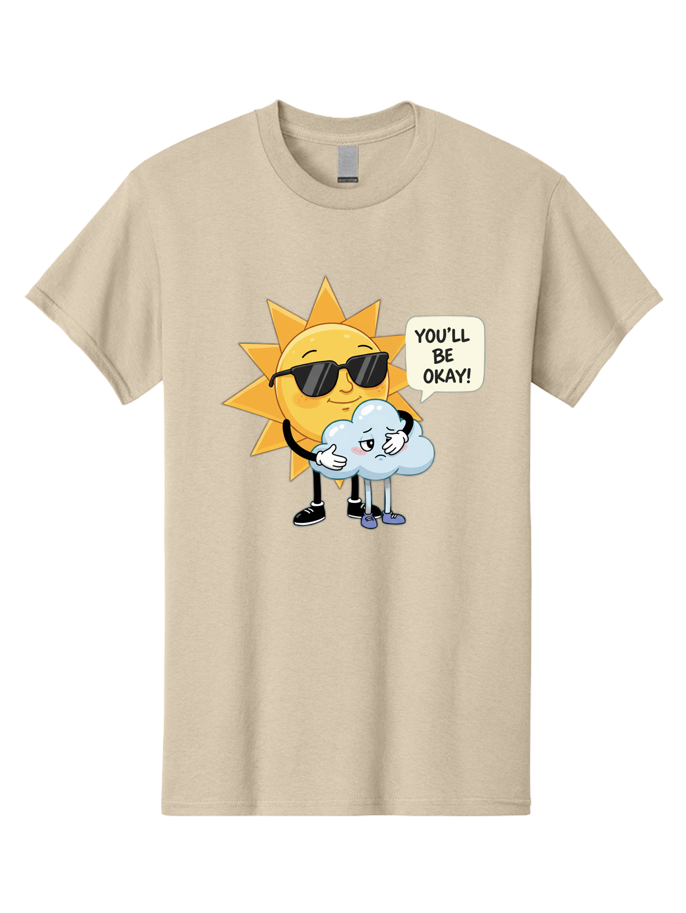 Sun-Comforting-Cloud Men'S Graphic Tee, 100% Cotton, Comfortable Casual Summer Wear, Machine Washable, Sun Wearing Sunglasses, Comforting A Sad Cloud, You'Ll Be Okay!, Emotional Support, Cartoon Characters, Positive Vibes, Bae105
