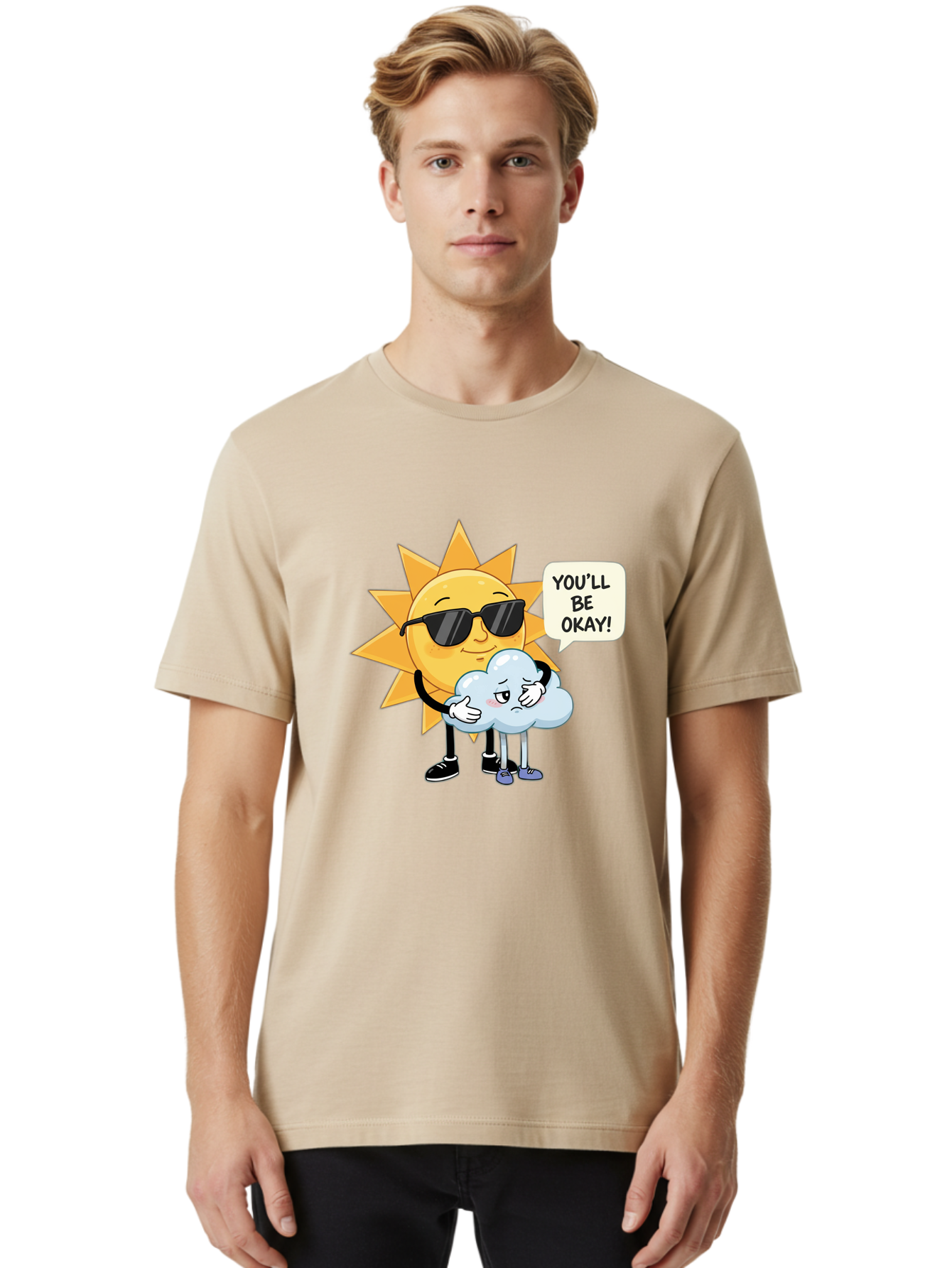 Sun-Comforting-Cloud Men'S Graphic Tee, 100% Cotton, Comfortable Casual Summer Wear, Machine Washable, Sun Wearing Sunglasses, Comforting A Sad Cloud, You'Ll Be Okay!, Emotional Support, Cartoon Characters, Positive Vibes, Bae105