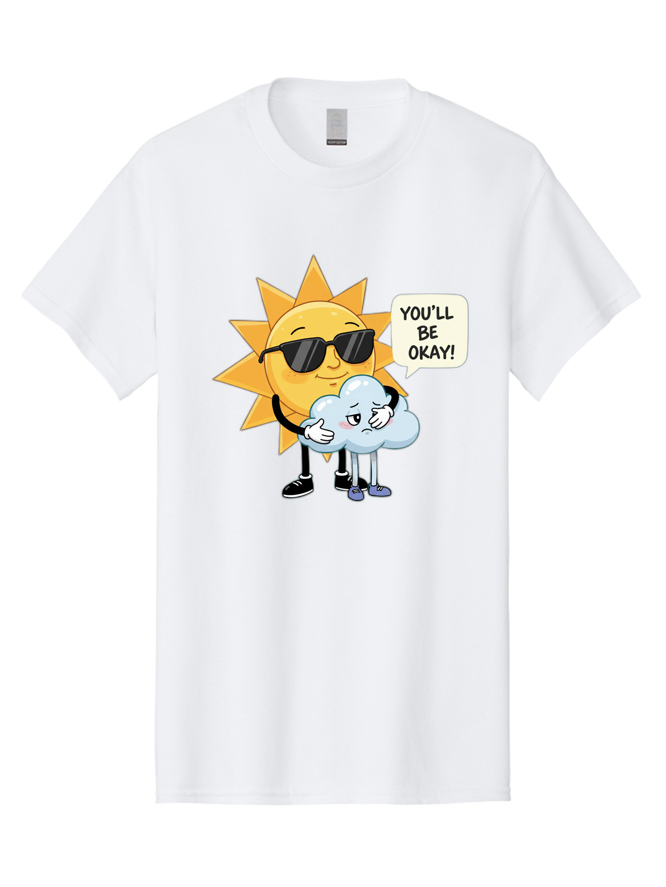 Sun-Comforting-Cloud Men'S Graphic Tee, 100% Cotton, Comfortable Casual Summer Wear, Machine Washable, Sun Wearing Sunglasses, Comforting A Sad Cloud, You'Ll Be Okay!, Emotional Support, Cartoon Characters, Positive Vibes, Bae105