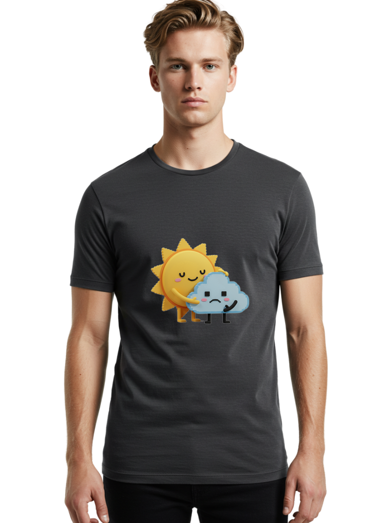 Sun-Hugging-Cloud Men'S Graphic Tee, 100% Cotton, Comfortable Casual Summer Wear, Machine Washable, Sun And Cloud, Smiling Face, Sad Face, Friendship, Anthropomorphic Characters, Emotional Weather, Cartoon Style, Weather Elements, Bae106
