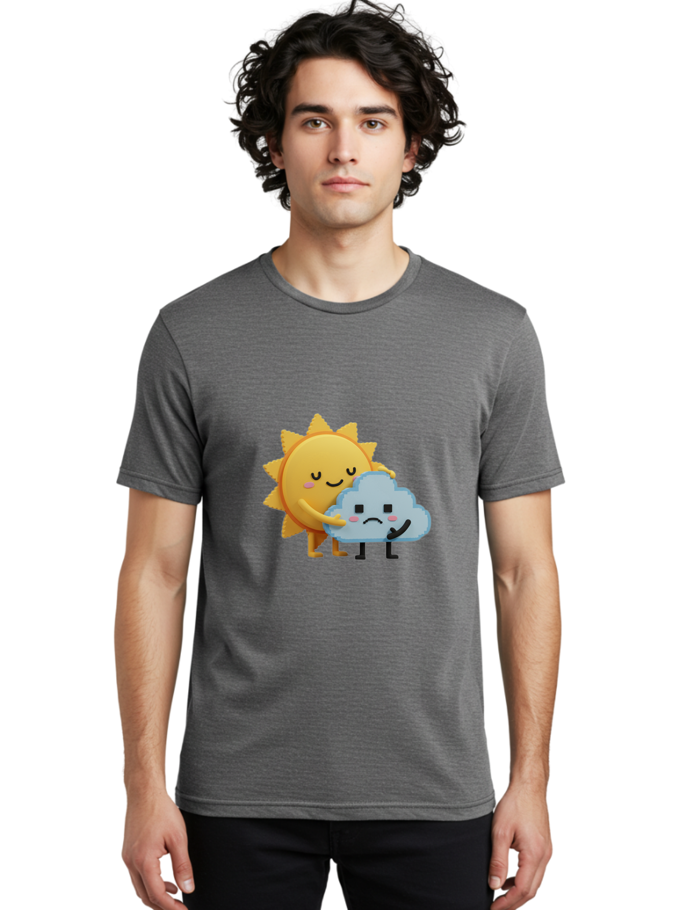 Sun-Hugging-Cloud Men'S Graphic Tee, 100% Cotton, Comfortable Casual Summer Wear, Machine Washable, Sun And Cloud, Smiling Face, Sad Face, Friendship, Anthropomorphic Characters, Emotional Weather, Cartoon Style, Weather Elements, Bae106