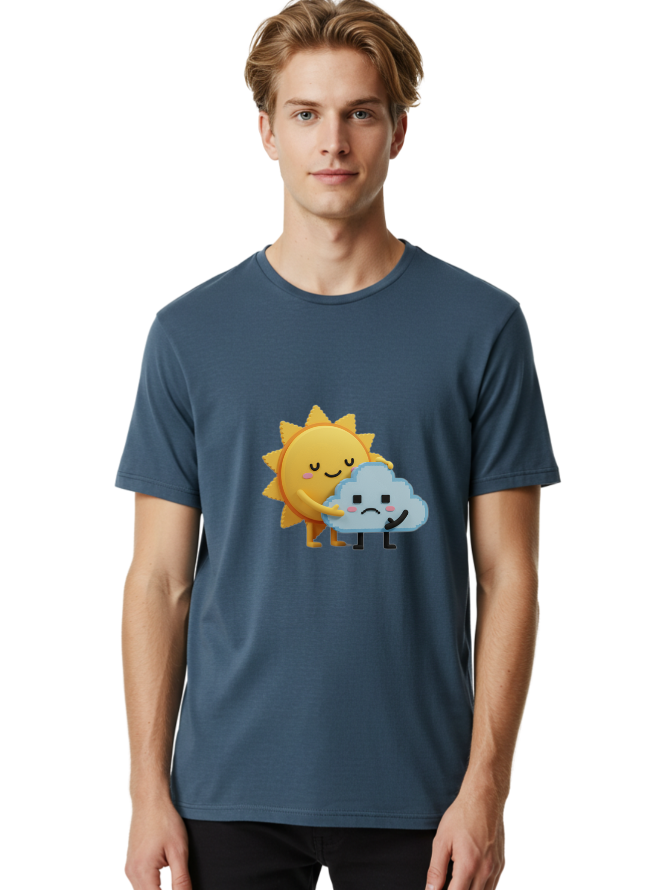 Sun-Hugging-Cloud Men'S Graphic Tee, 100% Cotton, Comfortable Casual Summer Wear, Machine Washable, Sun And Cloud, Smiling Face, Sad Face, Friendship, Anthropomorphic Characters, Emotional Weather, Cartoon Style, Weather Elements, Bae106