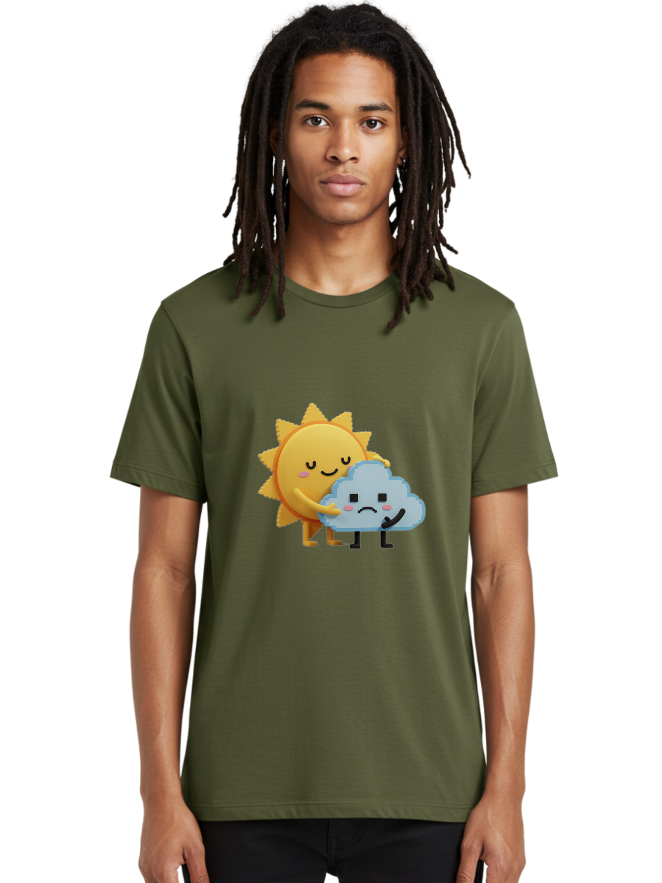 Sun-Hugging-Cloud Men'S Graphic Tee, 100% Cotton, Comfortable Casual Summer Wear, Machine Washable, Sun And Cloud, Smiling Face, Sad Face, Friendship, Anthropomorphic Characters, Emotional Weather, Cartoon Style, Weather Elements, Bae106