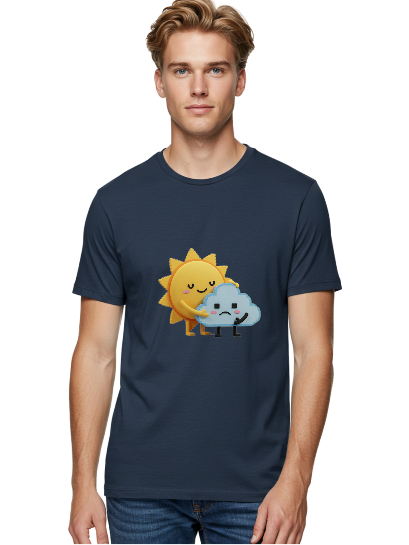 Sun-Hugging-Cloud Men'S Graphic Tee, 100% Cotton, Comfortable Casual Summer Wear, Machine Washable, Sun And Cloud, Smiling Face, Sad Face, Friendship, Anthropomorphic Characters, Emotional Weather, Cartoon Style, Weather Elements, Bae106