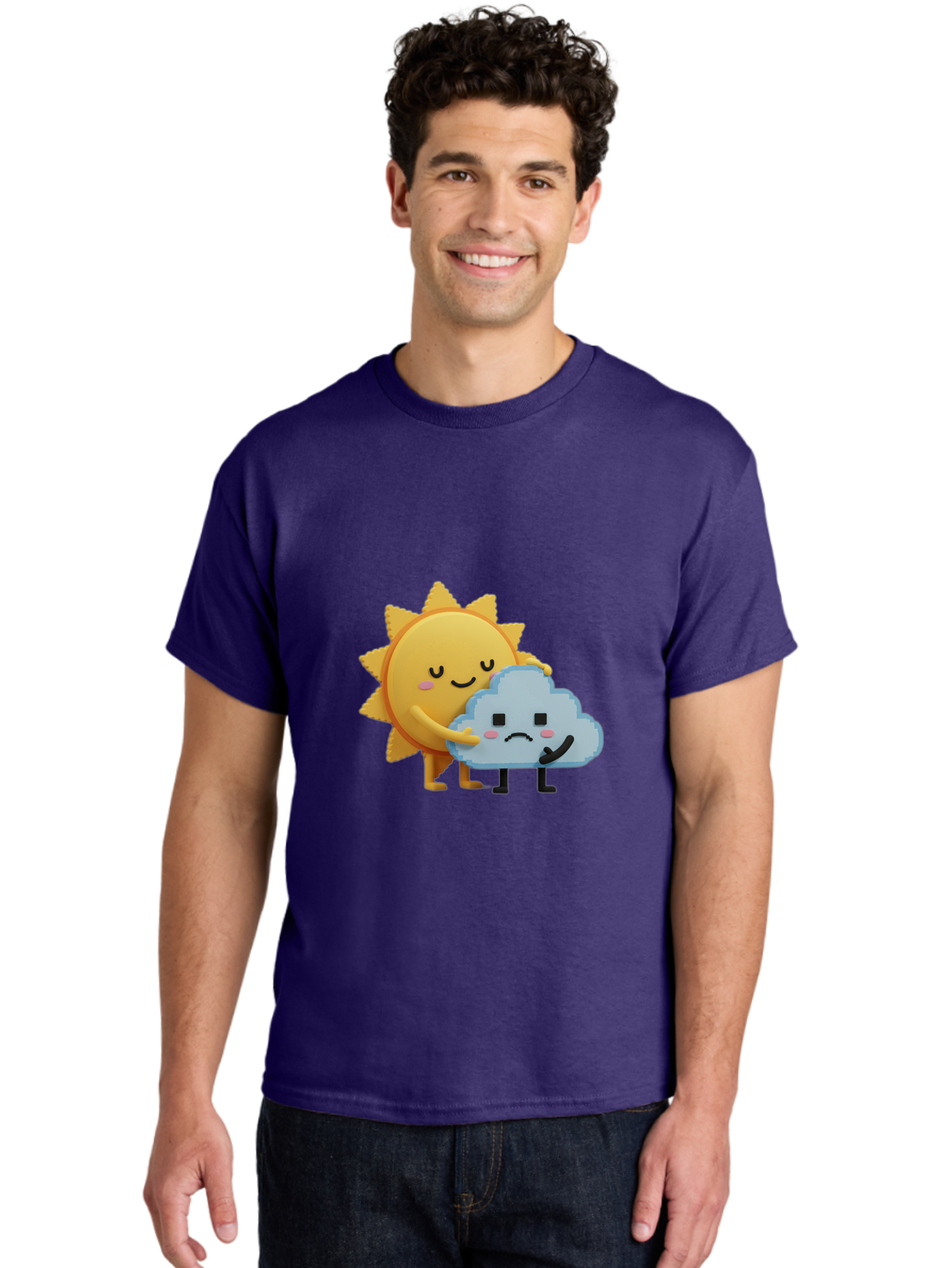 Sun-Hugging-Cloud Men'S Graphic Tee, 100% Cotton, Comfortable Casual Summer Wear, Machine Washable, Sun And Cloud, Smiling Face, Sad Face, Friendship, Anthropomorphic Characters, Emotional Weather, Cartoon Style, Weather Elements, Bae106