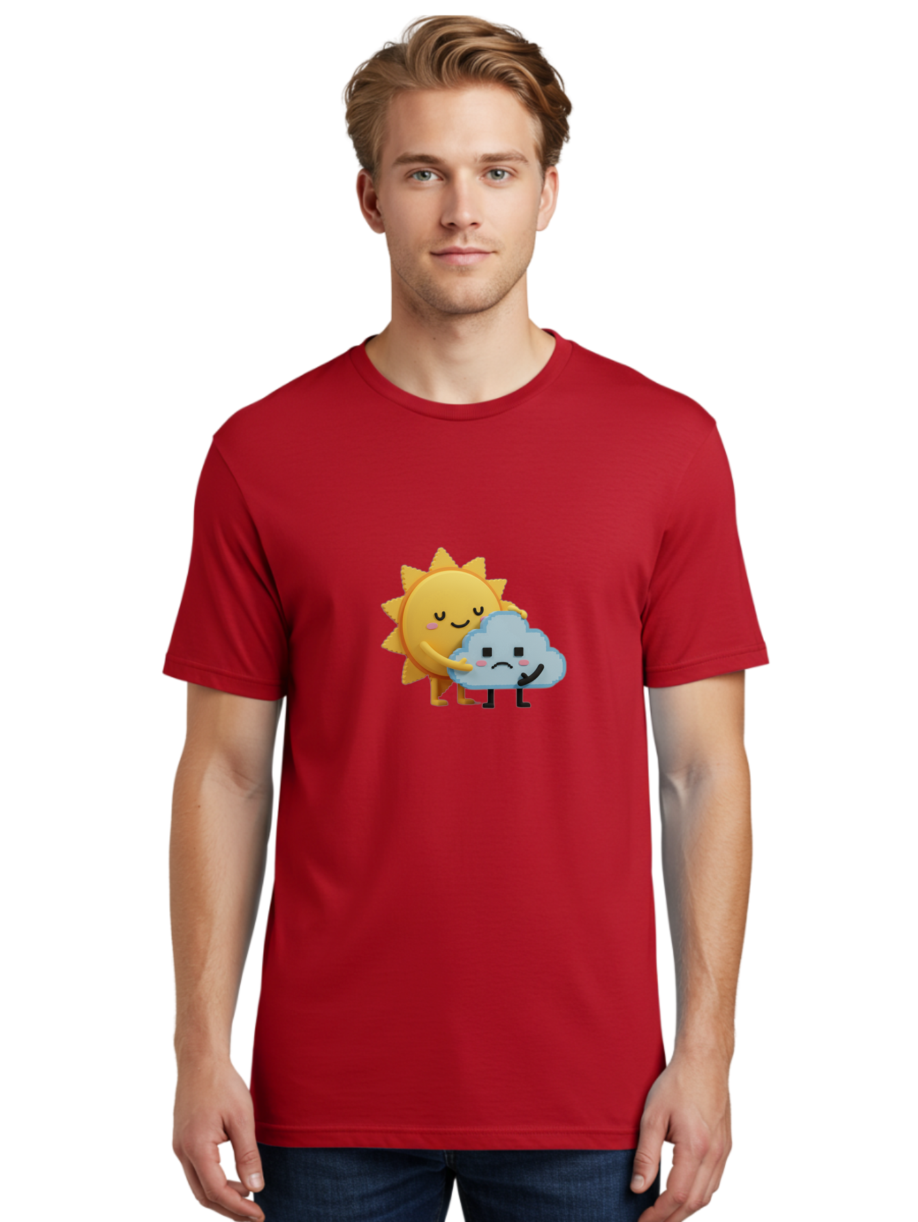 Sun-Hugging-Cloud Men'S Graphic Tee, 100% Cotton, Comfortable Casual Summer Wear, Machine Washable, Sun And Cloud, Smiling Face, Sad Face, Friendship, Anthropomorphic Characters, Emotional Weather, Cartoon Style, Weather Elements, Bae106