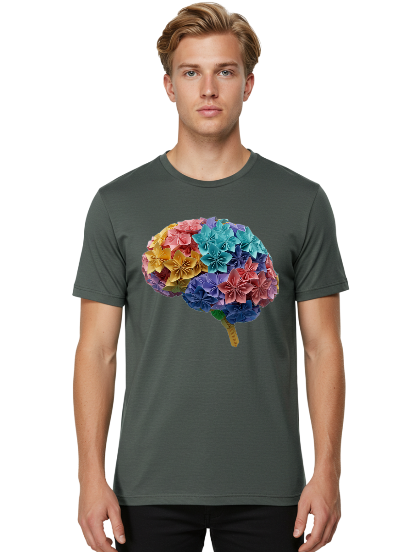 Tree-With-Origami-Flowers Men'S Graphic Tee, 100% Cotton, Comfortable Casual Summer Wear, Machine Washable, Origami Flowers, Colorful Tree, Paper Art, Folded Flowers, Creative Design, Vibrant Colors, Artful Arrangement, Decorative Piece, Bae108