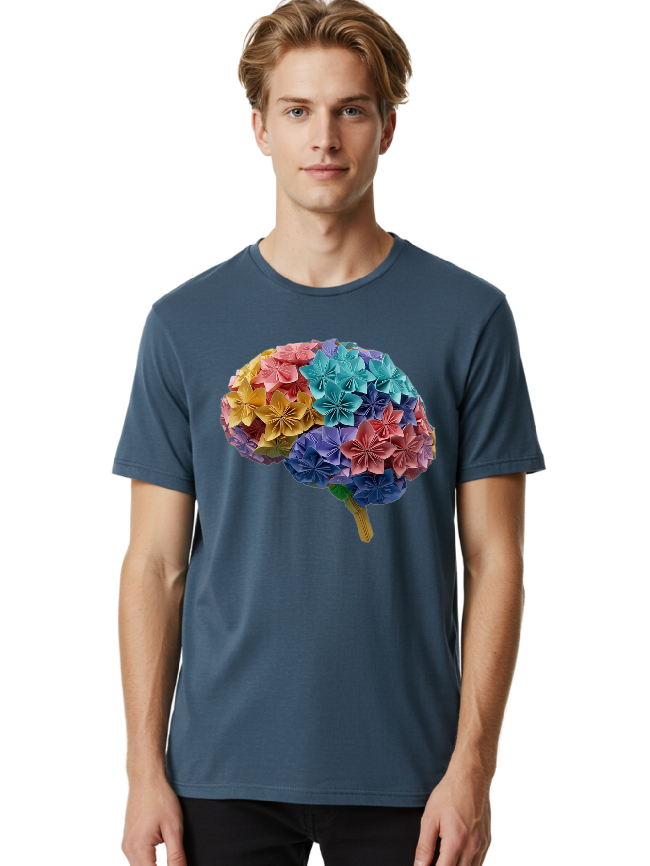 Tree-With-Origami-Flowers Men'S Graphic Tee, 100% Cotton, Comfortable Casual Summer Wear, Machine Washable, Origami Flowers, Colorful Tree, Paper Art, Folded Flowers, Creative Design, Vibrant Colors, Artful Arrangement, Decorative Piece, Bae108