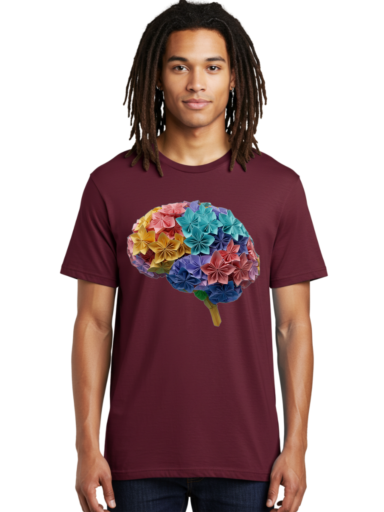 Tree-With-Origami-Flowers Men'S Graphic Tee, 100% Cotton, Comfortable Casual Summer Wear, Machine Washable, Origami Flowers, Colorful Tree, Paper Art, Folded Flowers, Creative Design, Vibrant Colors, Artful Arrangement, Decorative Piece, Bae108