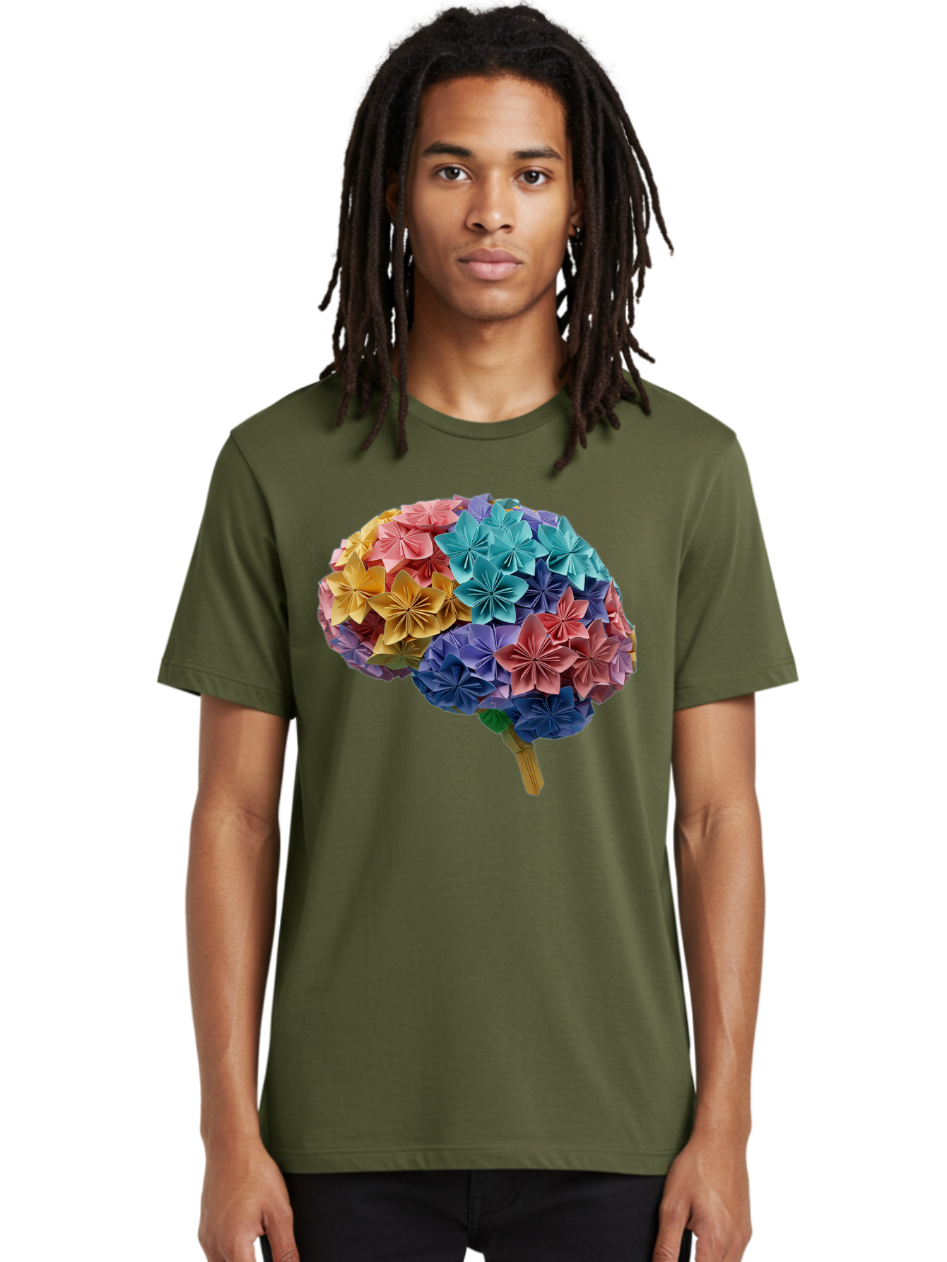 Tree-With-Origami-Flowers Men'S Graphic Tee, 100% Cotton, Comfortable Casual Summer Wear, Machine Washable, Origami Flowers, Colorful Tree, Paper Art, Folded Flowers, Creative Design, Vibrant Colors, Artful Arrangement, Decorative Piece, Bae108
