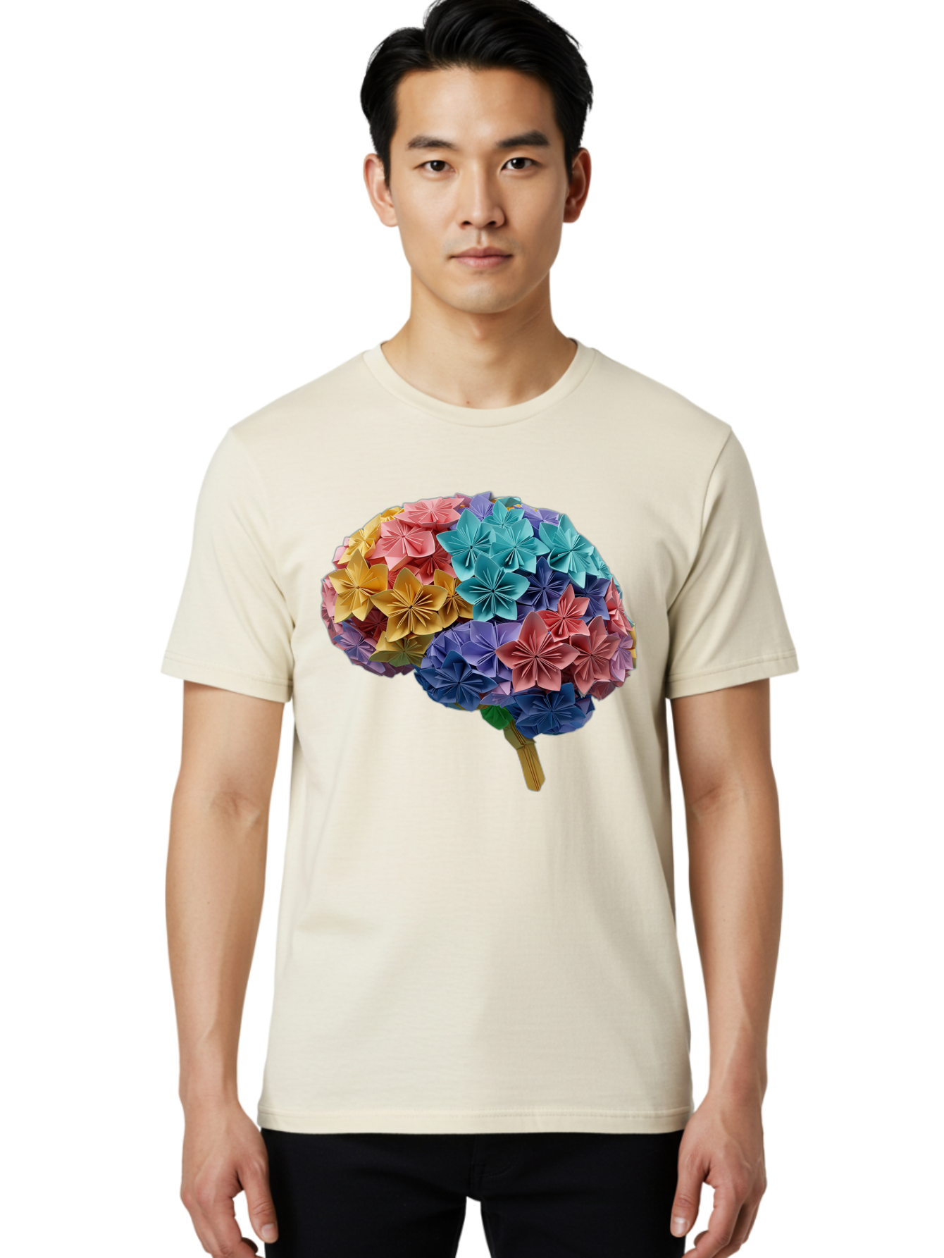 Tree-With-Origami-Flowers Men'S Graphic Tee, 100% Cotton, Comfortable Casual Summer Wear, Machine Washable, Origami Flowers, Colorful Tree, Paper Art, Folded Flowers, Creative Design, Vibrant Colors, Artful Arrangement, Decorative Piece, Bae108